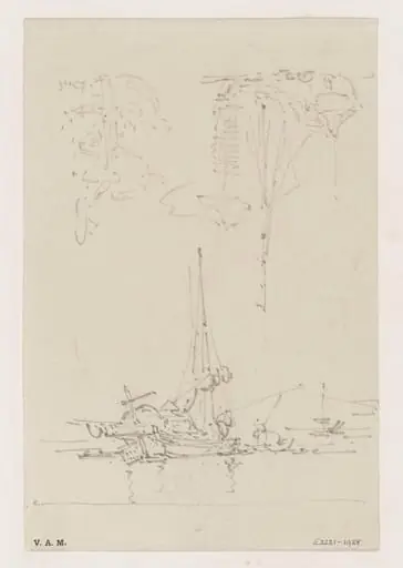 Three sketches of boats and figures