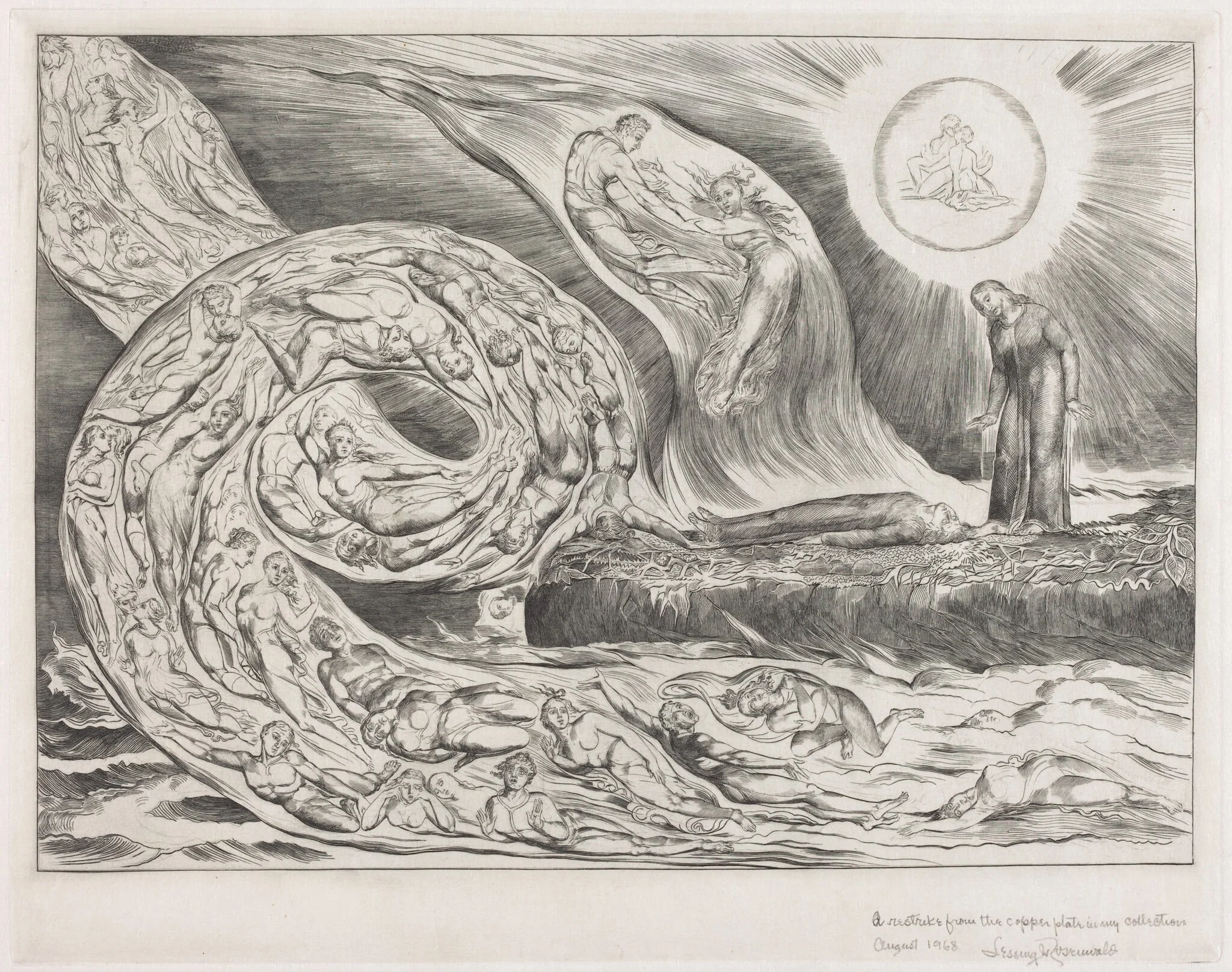 The Circle of the Lustful: Paolo and Francesca, by William Blake, ink, 1827