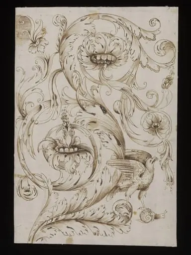 Decorative acanthus scrollwork with bird of prey and snail