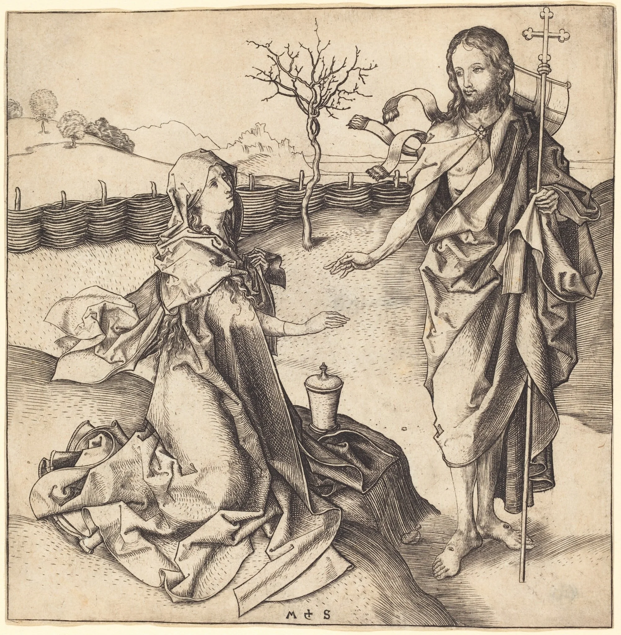 Christ Appearing to Mary Magdalene, by Martin Schongauer, ink, 1485