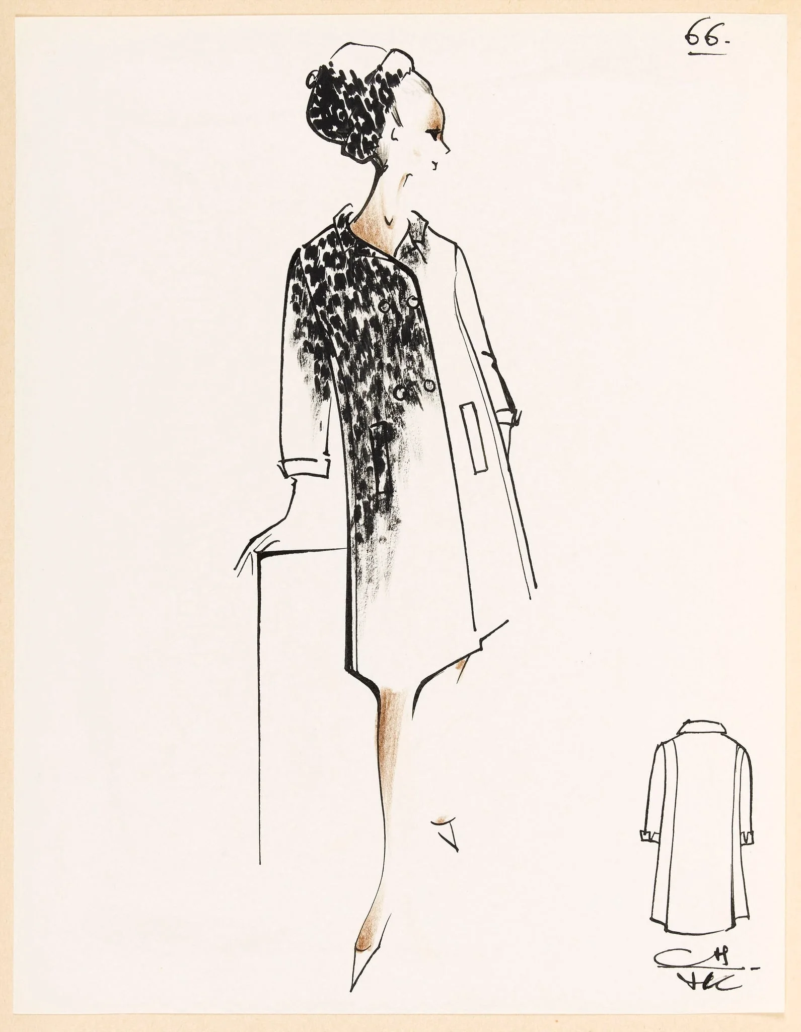 Manteau blanc à motif noir et chapeau assorti, by Marie-Louise Carven, 1967