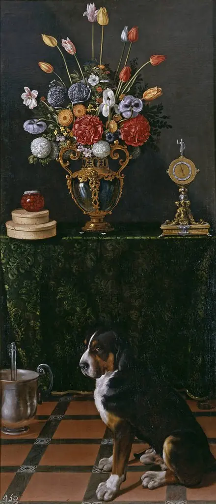Still Life with a Vase of Flowers and a Dog