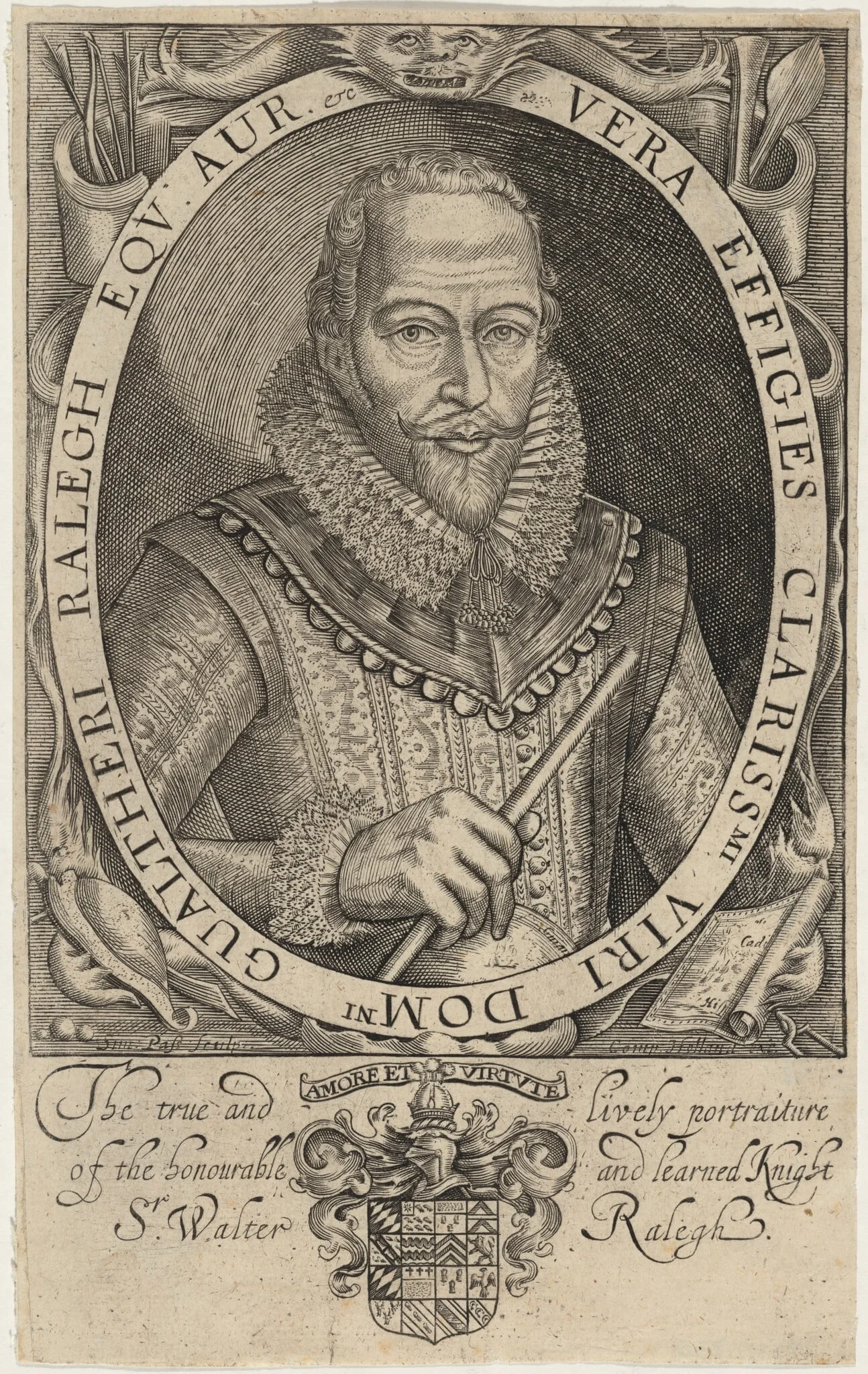 Sir Walter Raleigh, by Simon van de Passe, ink, 1652