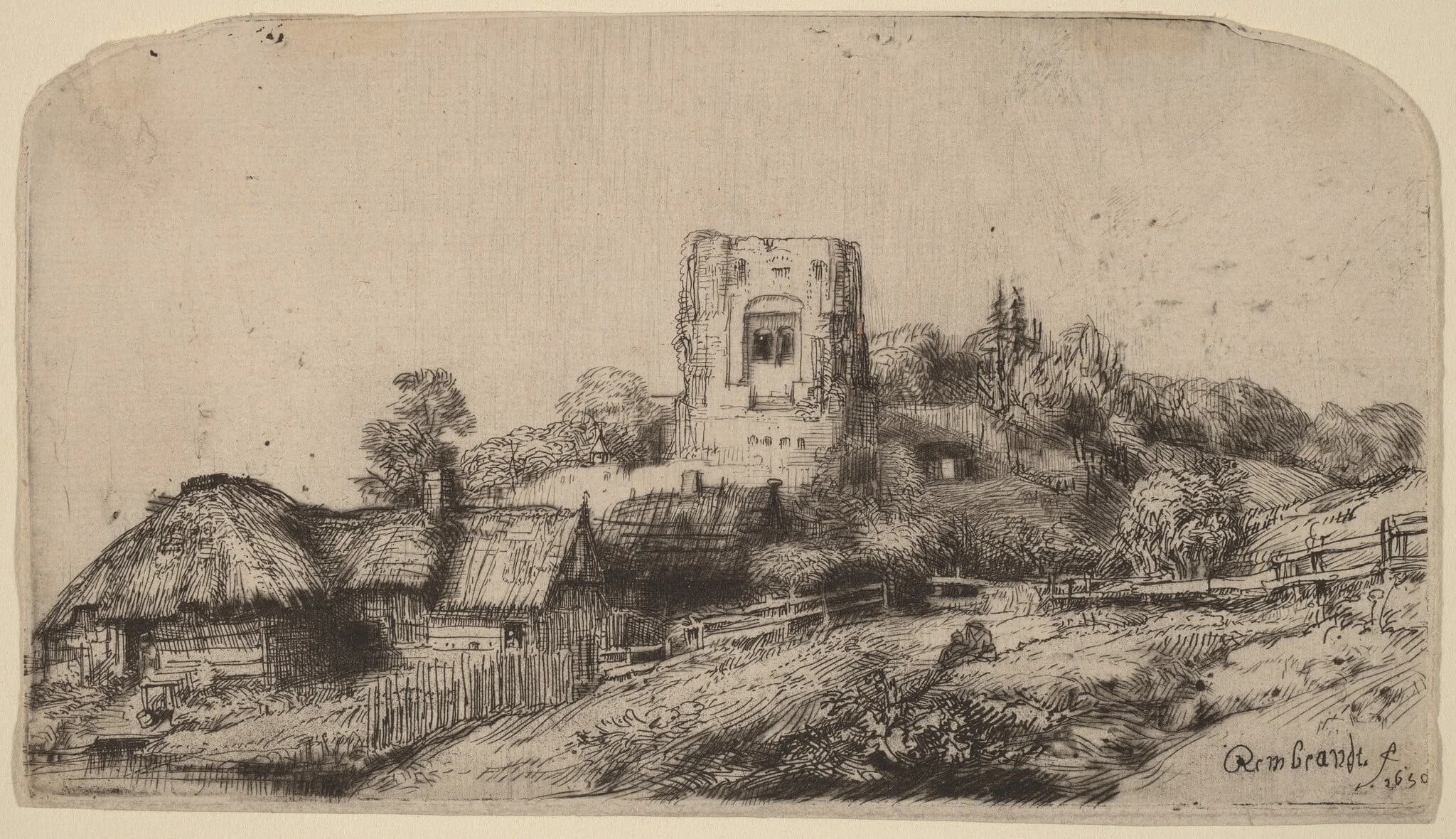 Landscape with a Square Tower, by Rembrandt, ink, 1650