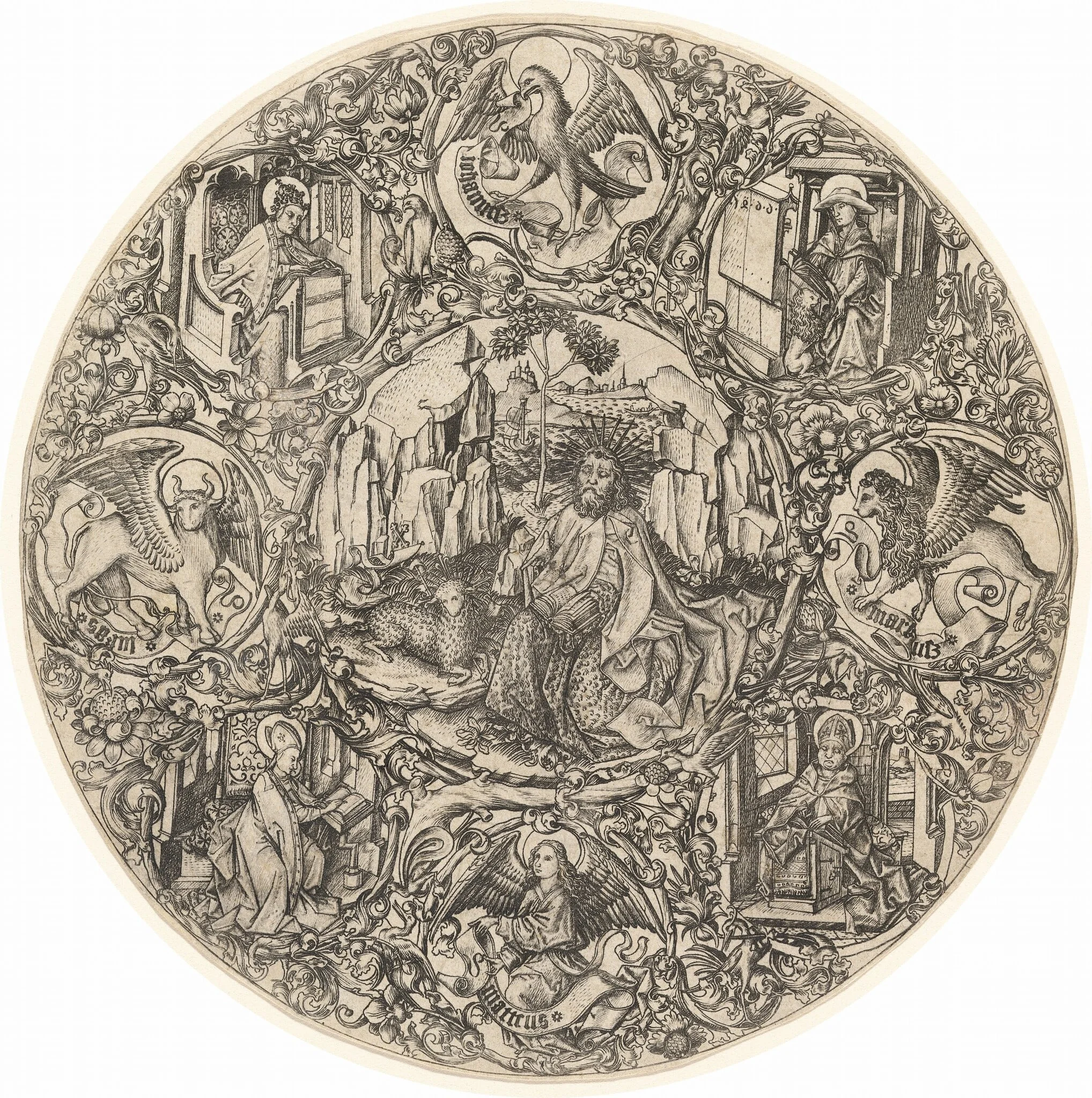 Saint John the Baptist in the Wilderness with the Lamb of God, Surrounded by the Symbols of the Evangelists and the Four Fathers of the Church, by Master E.S., ink, 1466