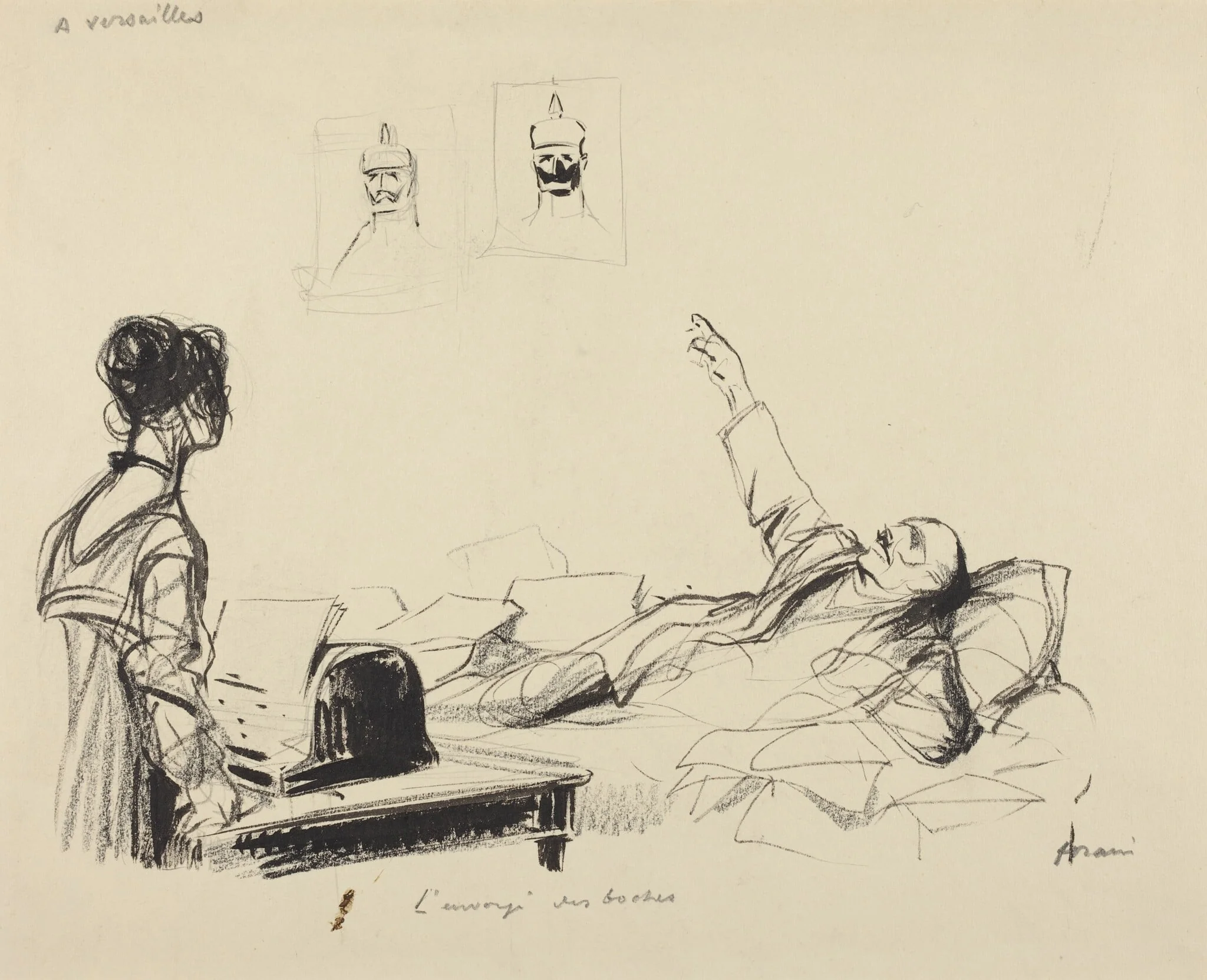A Versailles.  L'envoye des boches, by Jean-Louis Forain, ink, 1916