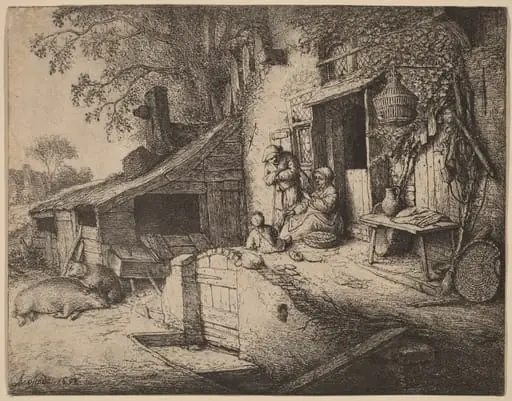 Farmstead wtih a Peasant Family Outside the Front Door, the Woman Spinning