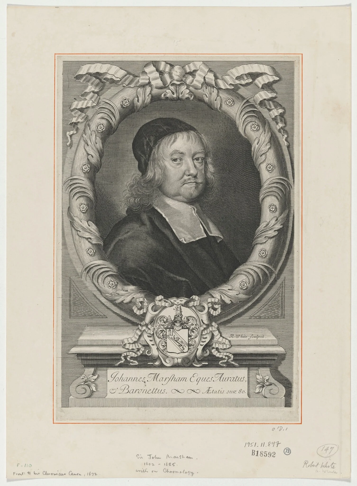 Sir John Marsham, Writer on Chronology, by Robert White, ink, 1672