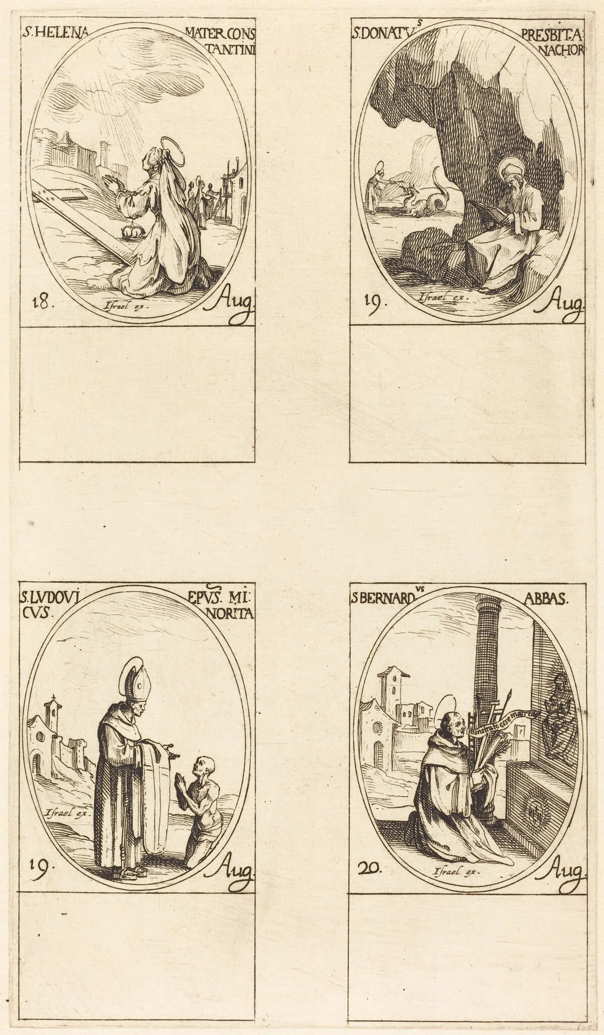 St. Helen; St. Donatus; St. Ludovicus, Bishop; St. Bernard, by Jacques Callot, ink, 1634