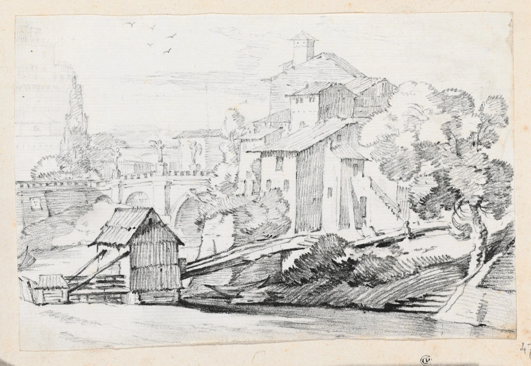 The Ponte Sant'Angelo and Houses on the East Bank of the Tiber, by Joseph-Marie Vien, graphite, 1747