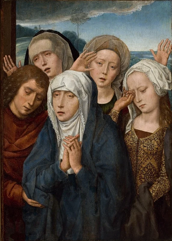 The Mourning Virgin with Saint John and the Pious Women from Galilee, by Hans Memling, oil, 1496