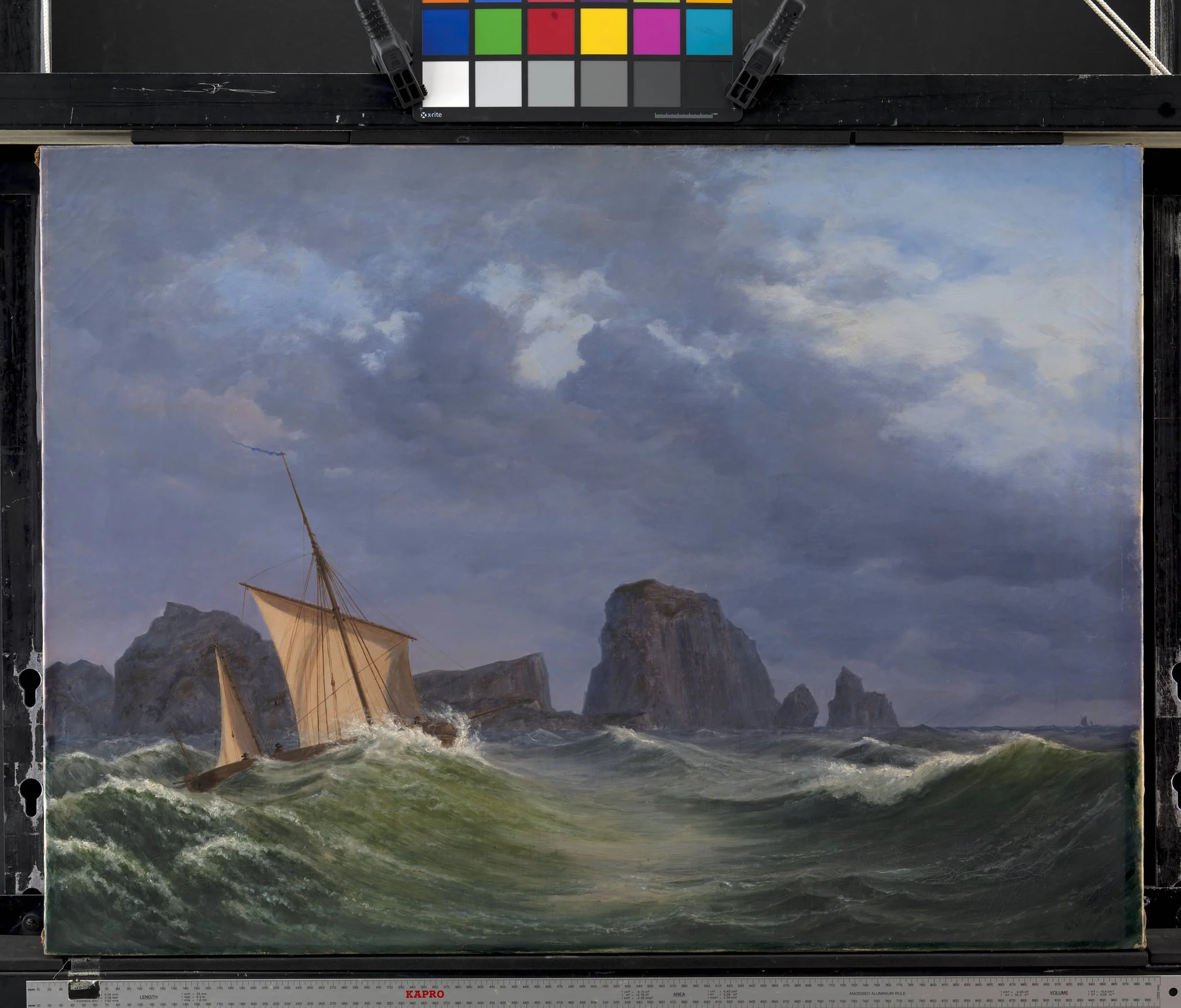 En shetlandsk fiskerbåd i stormfuldt vejr nord for Orkneyøerne, by Unknown, 1842