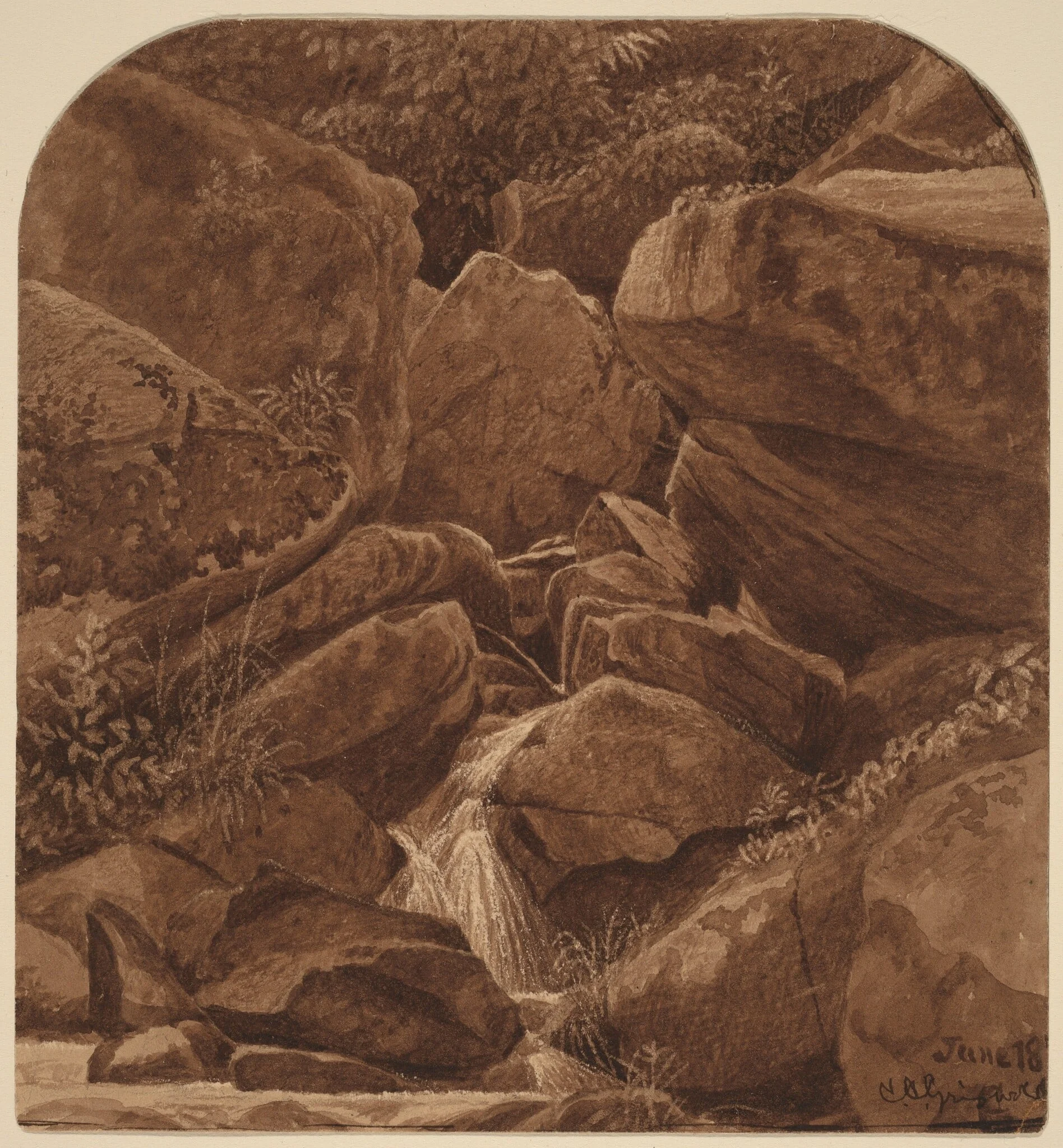 Rocks and Waterfall, by Casimir Clayton Griswold, ink, 1878