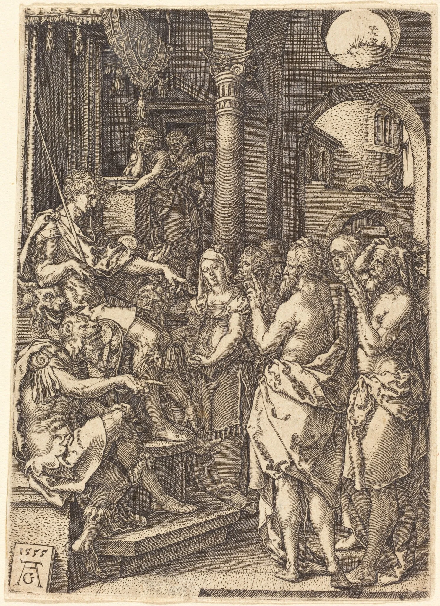 The Two Elders Before the Judge, by Heinrich Aldegrever, ink, 1555