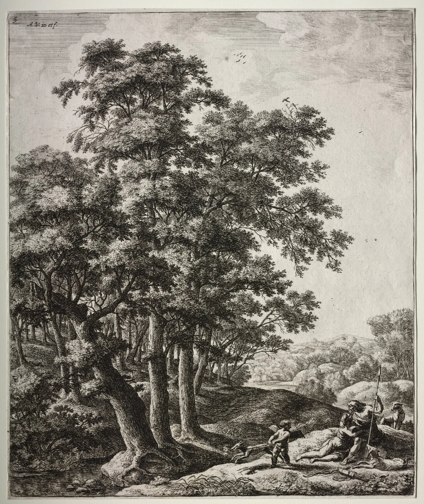 Six large upright landscapes with scenes from Ovid's Metamorphoses: Venus and Adonis, by Antonie Waterloo, 1665