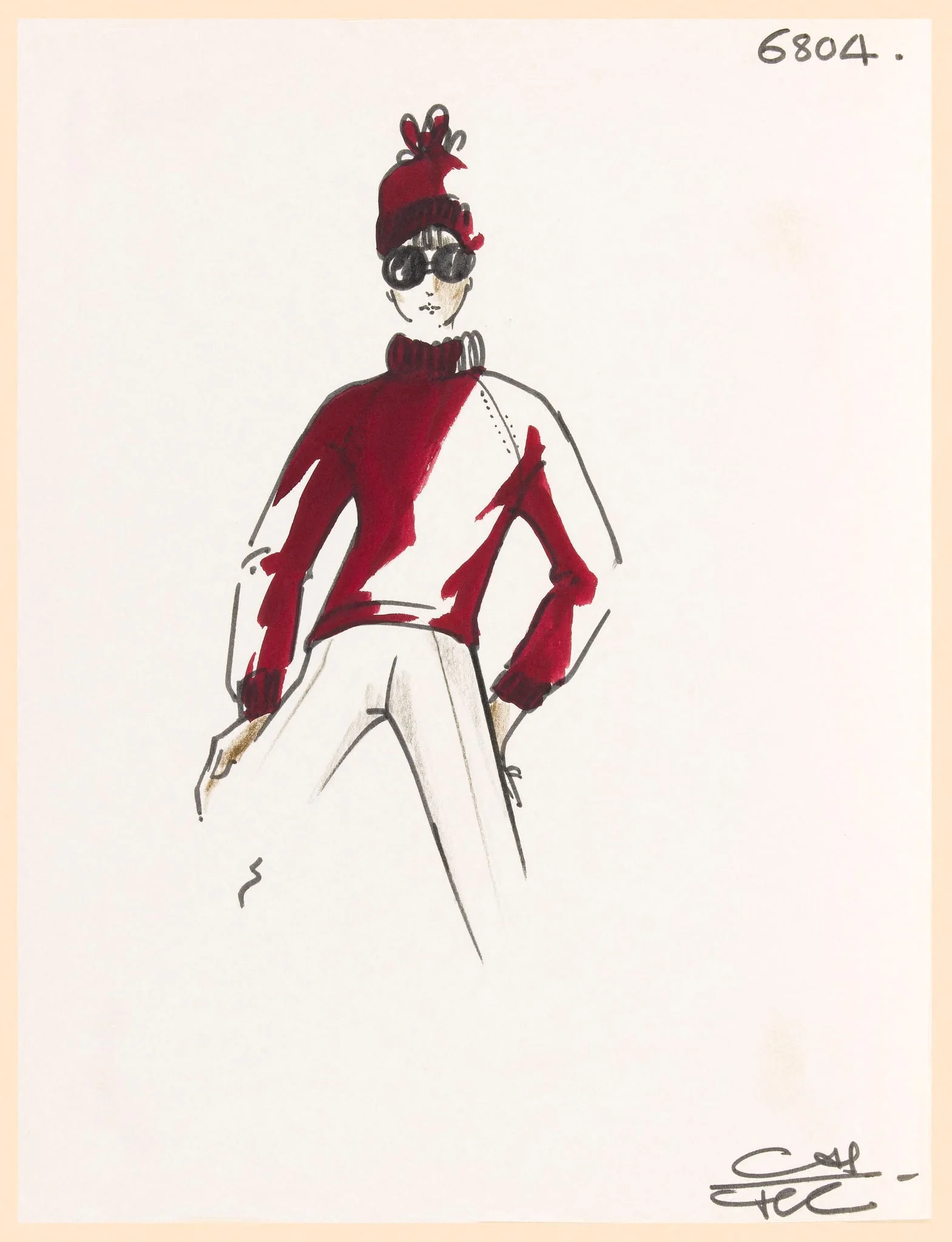 Pull-over à manches longues pourpre, bonnet assorti, pantalon et lunettes de soleil, by Marie-Louise Carven, 1965
