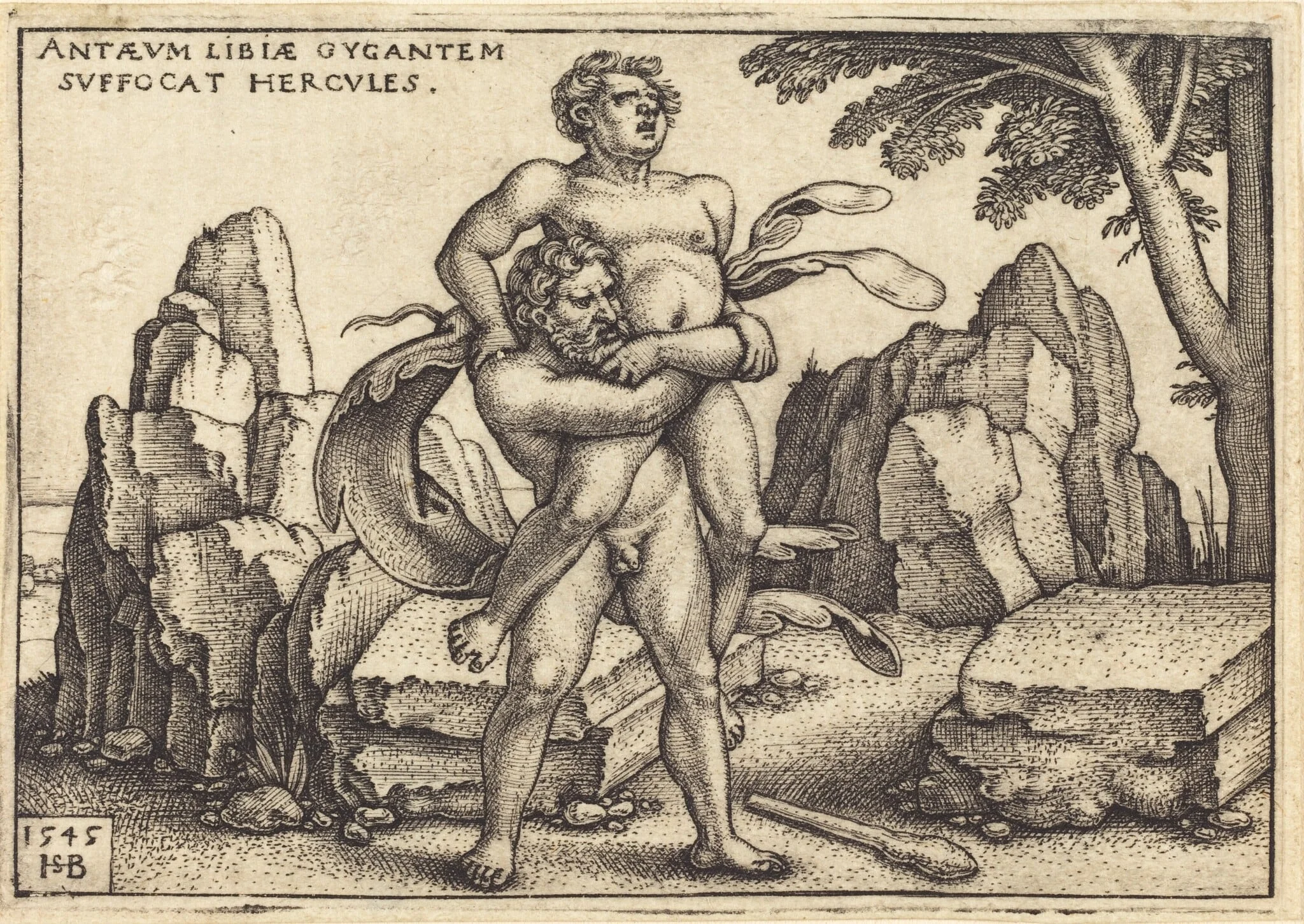 Hercules Killing Antaeus, by Sebald Beham, ink, 1545