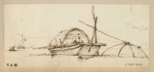 A Tanka boat, Macau, with a lift net lowered into the water