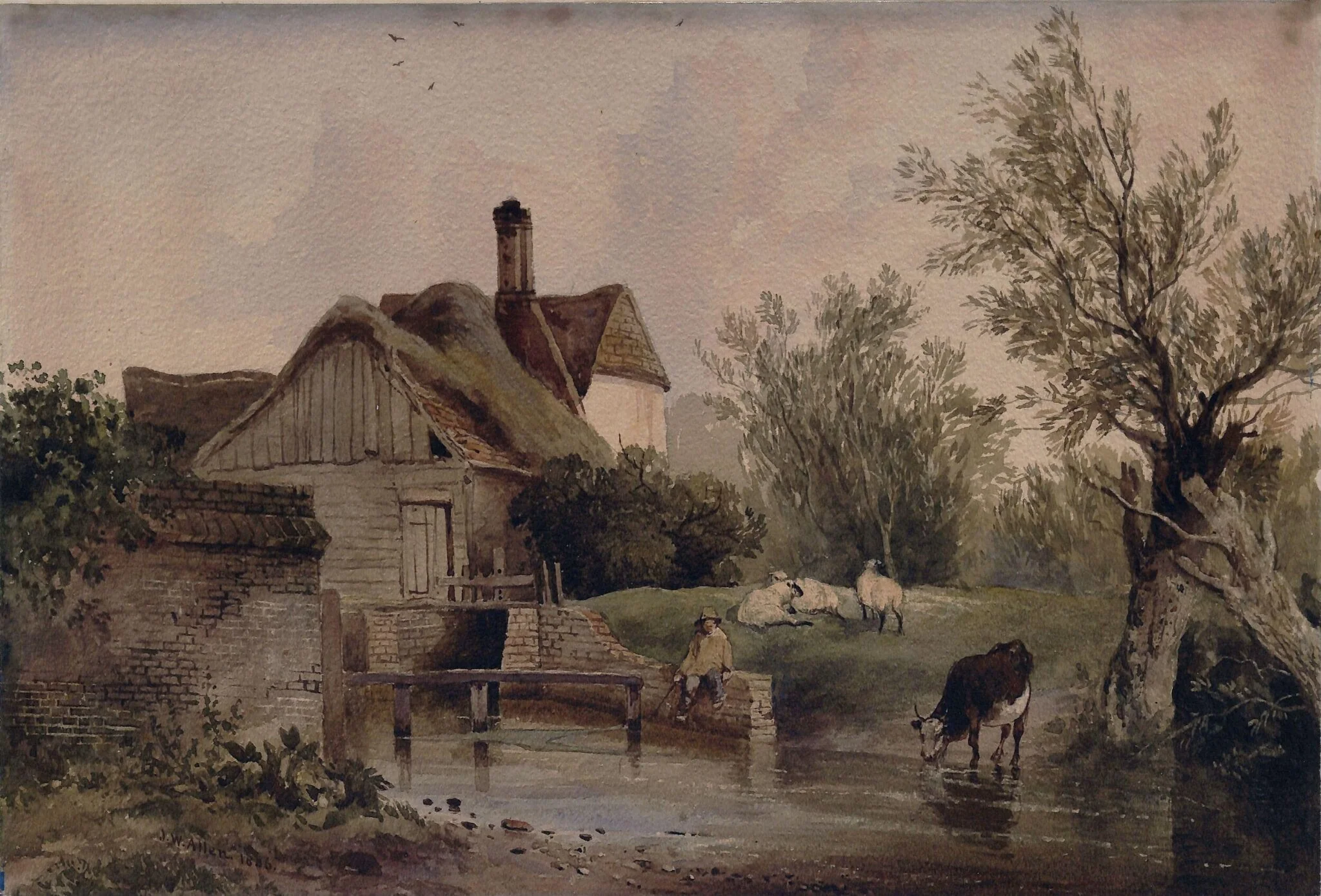Landscape with a cottage, by Allen, watercolor, 1803