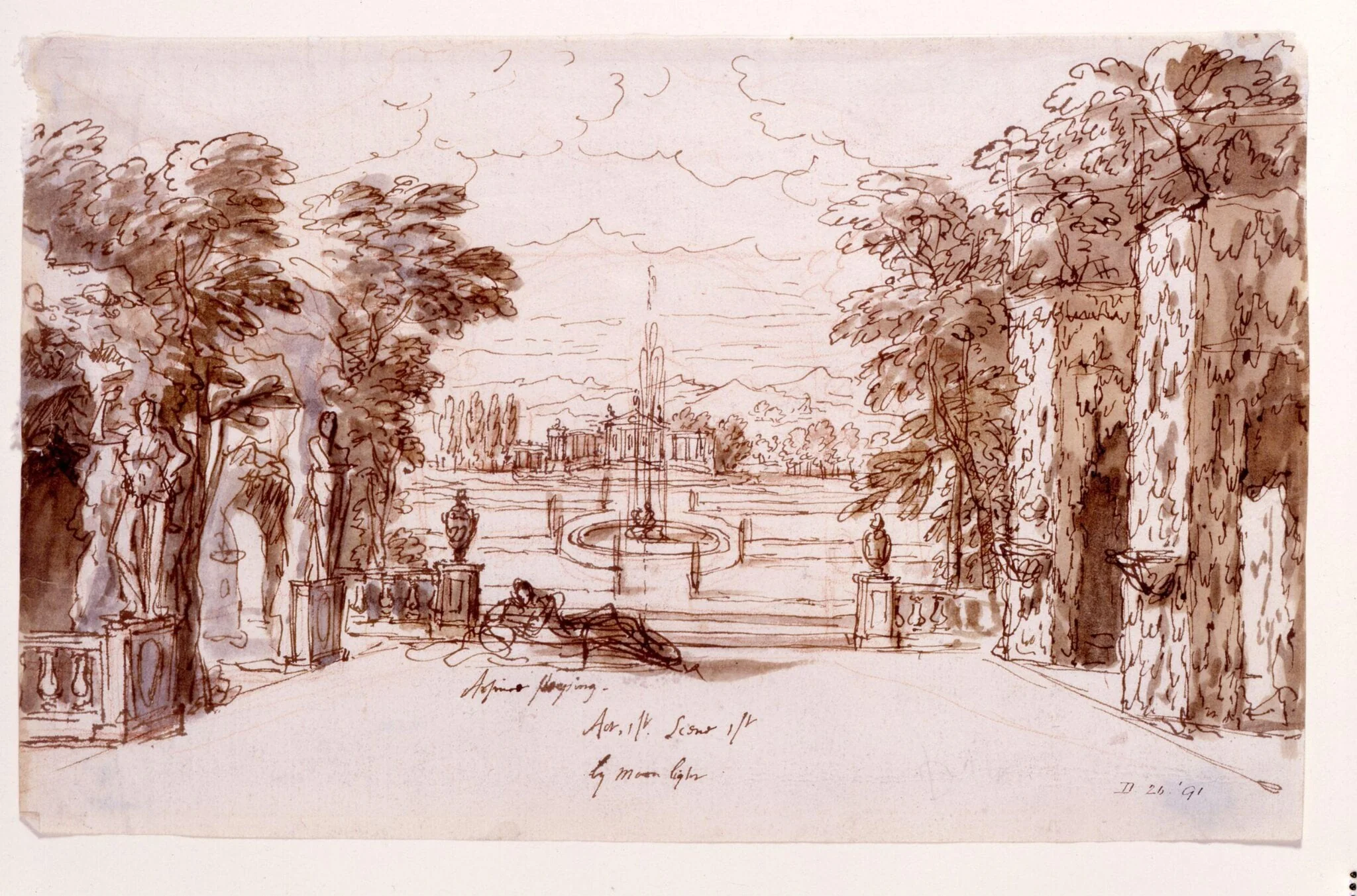 Design for a stage set for Arsinoe, Queen of Cyprus at the Theatre Royal, London for Act I, scene 1, Arsinoe sleeping in a garden at night, by James Thornhill, 1705