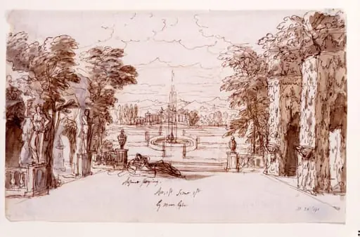 Design for a stage set for Arsinoe, Queen of Cyprus at the Theatre Royal, London for Act I, scene 1, Arsinoe sleeping in a garden at night
