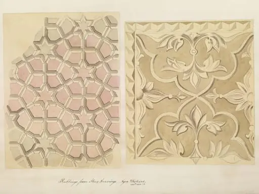One of twenty-nine drawings of details of architectural ornament taken from rubbings of stone decoration on monuments in Agra district, including Fatehpur Sikri and Sikandra.