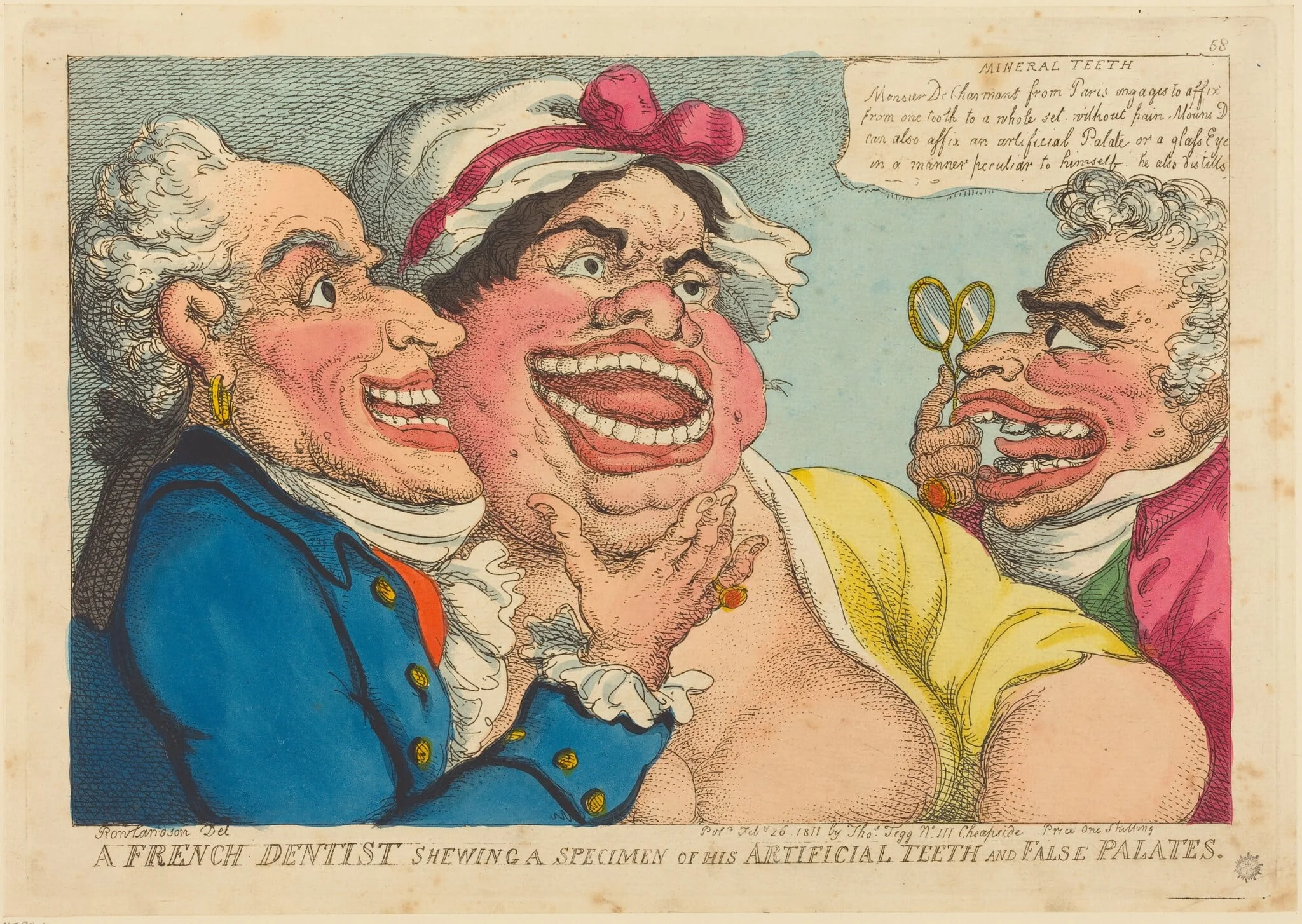 A French Dentist Shewing a Specimen of his Artificial Teeth and False Palates, by Thomas Rowlandson, ink, 1811