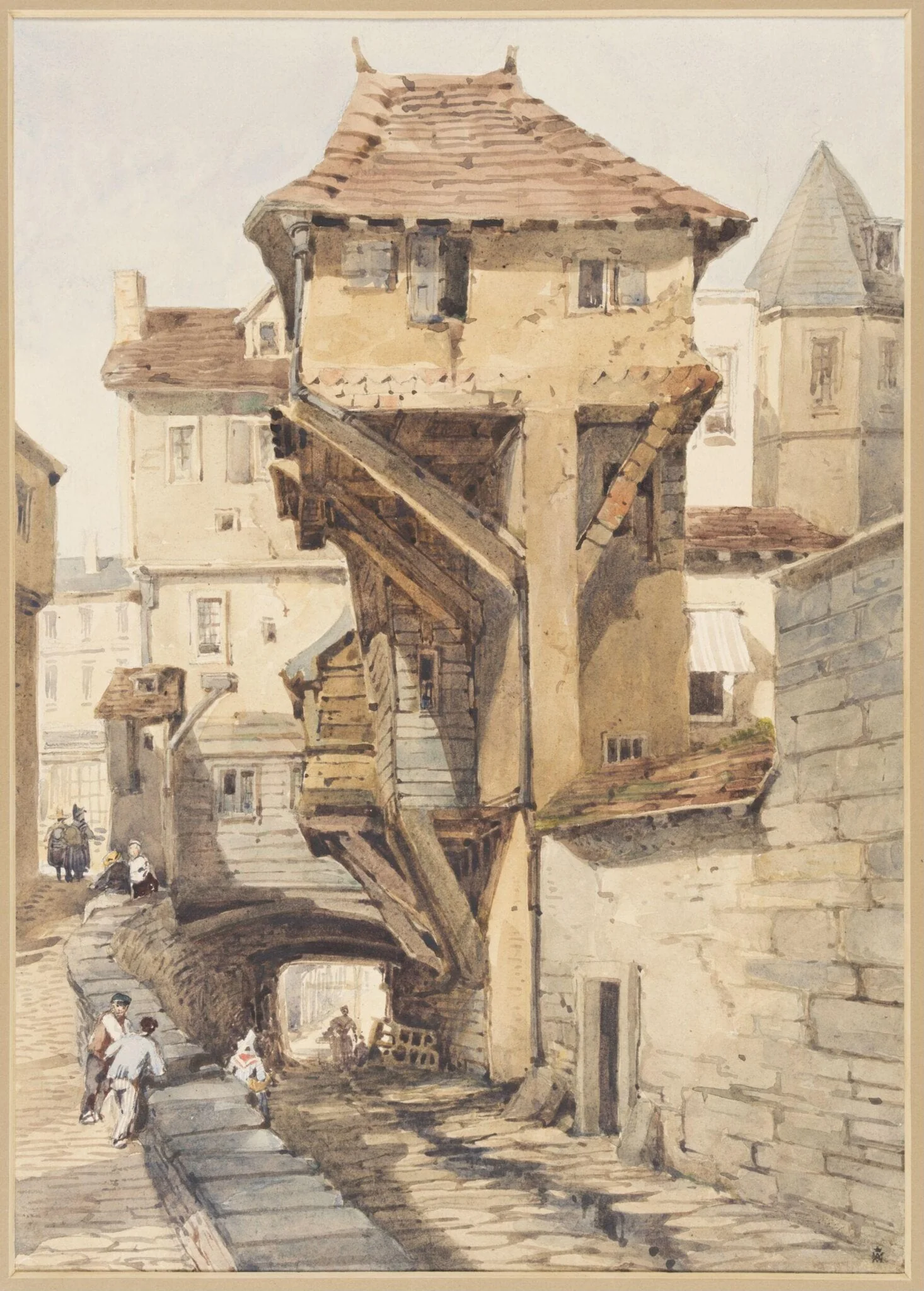 Timbered Houses at Laval, on the Mayenne, France, by Charles Claude Pyne, watercolor, 1850