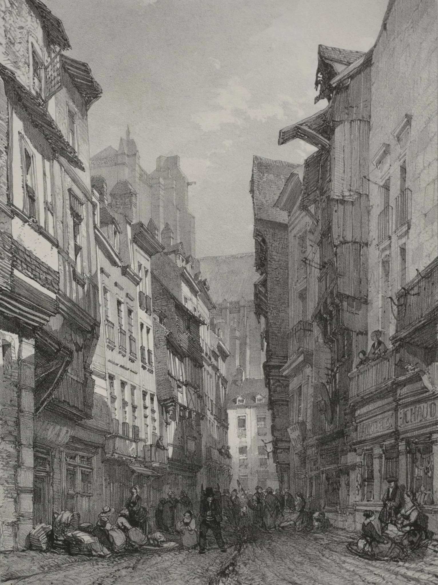 Voyages pittoresques et romantiques dans l'ancienne France.  Bretagne:  Grande rue vieille à Nantes, by Eugène Ciceri, 1845