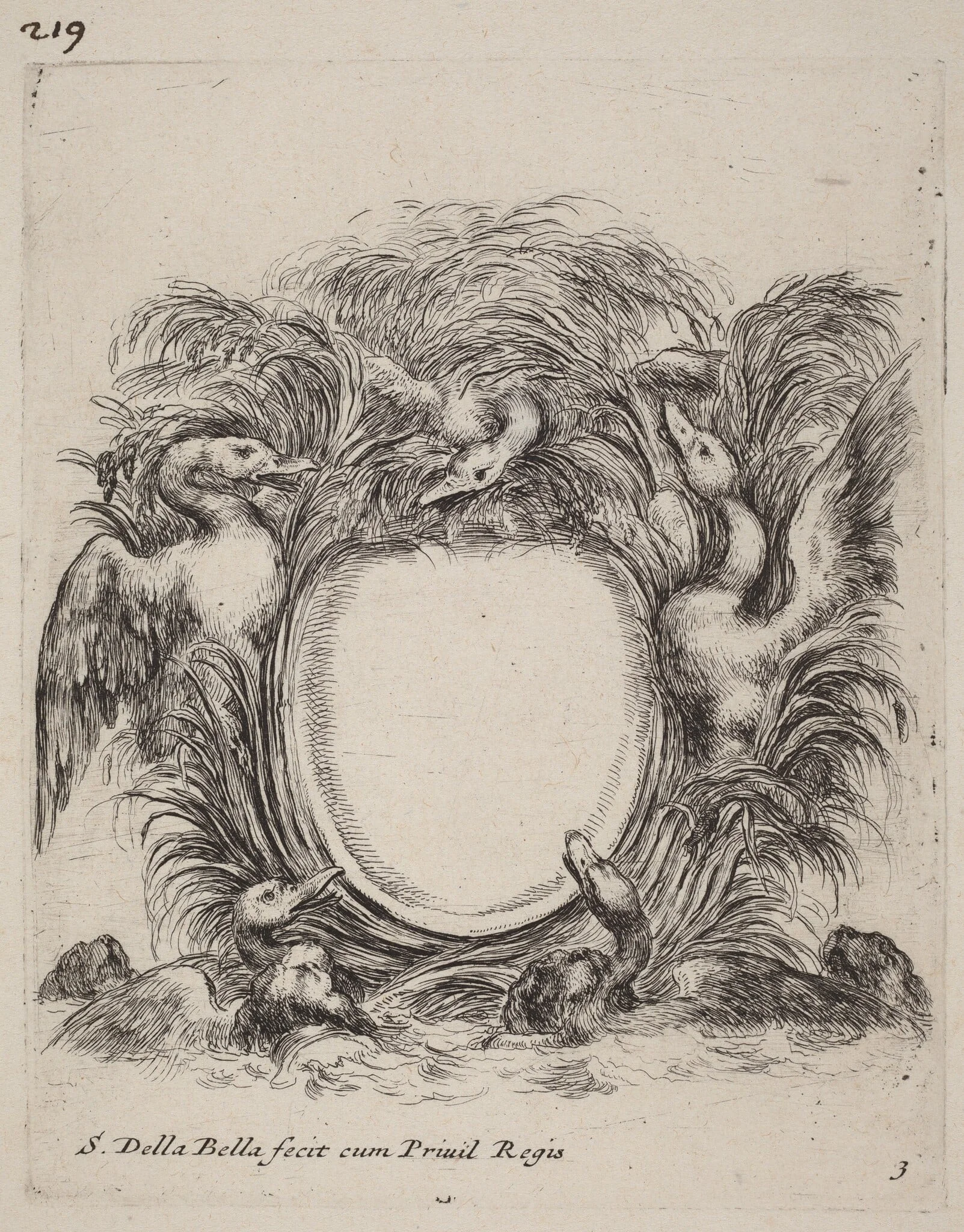 Cartouche with Ducks and Dogs, by Stefano Della Bella, ink, 1647