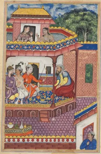 The three young men present themselves as suitors for the hand of Zuhra, the daughter of the merchant of Kabul, from a Tuti-nama (Tales of a Parrot): Thirty-fourth Night