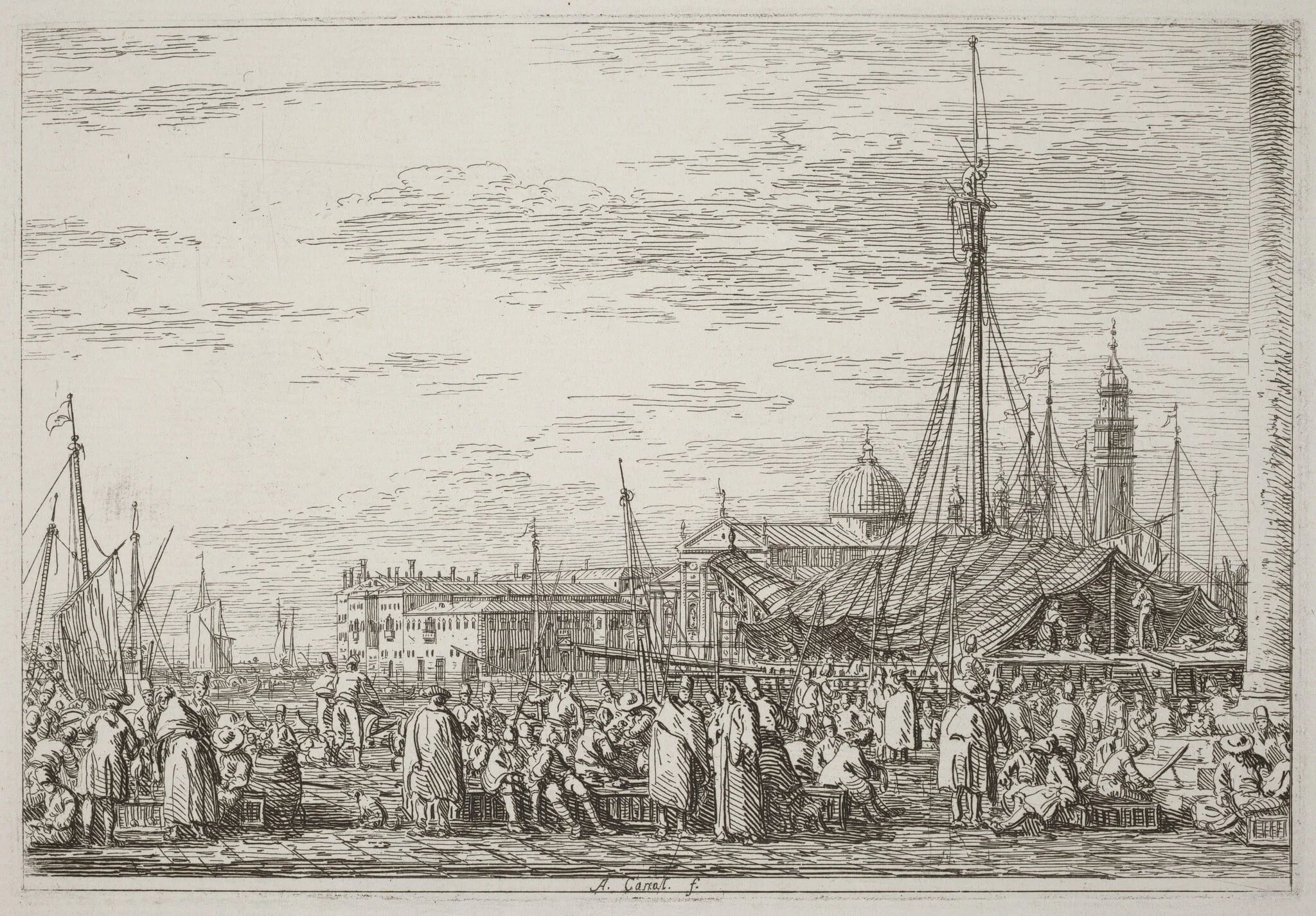The Market on the Molo [upper left], by Canaletto, ink, 1740