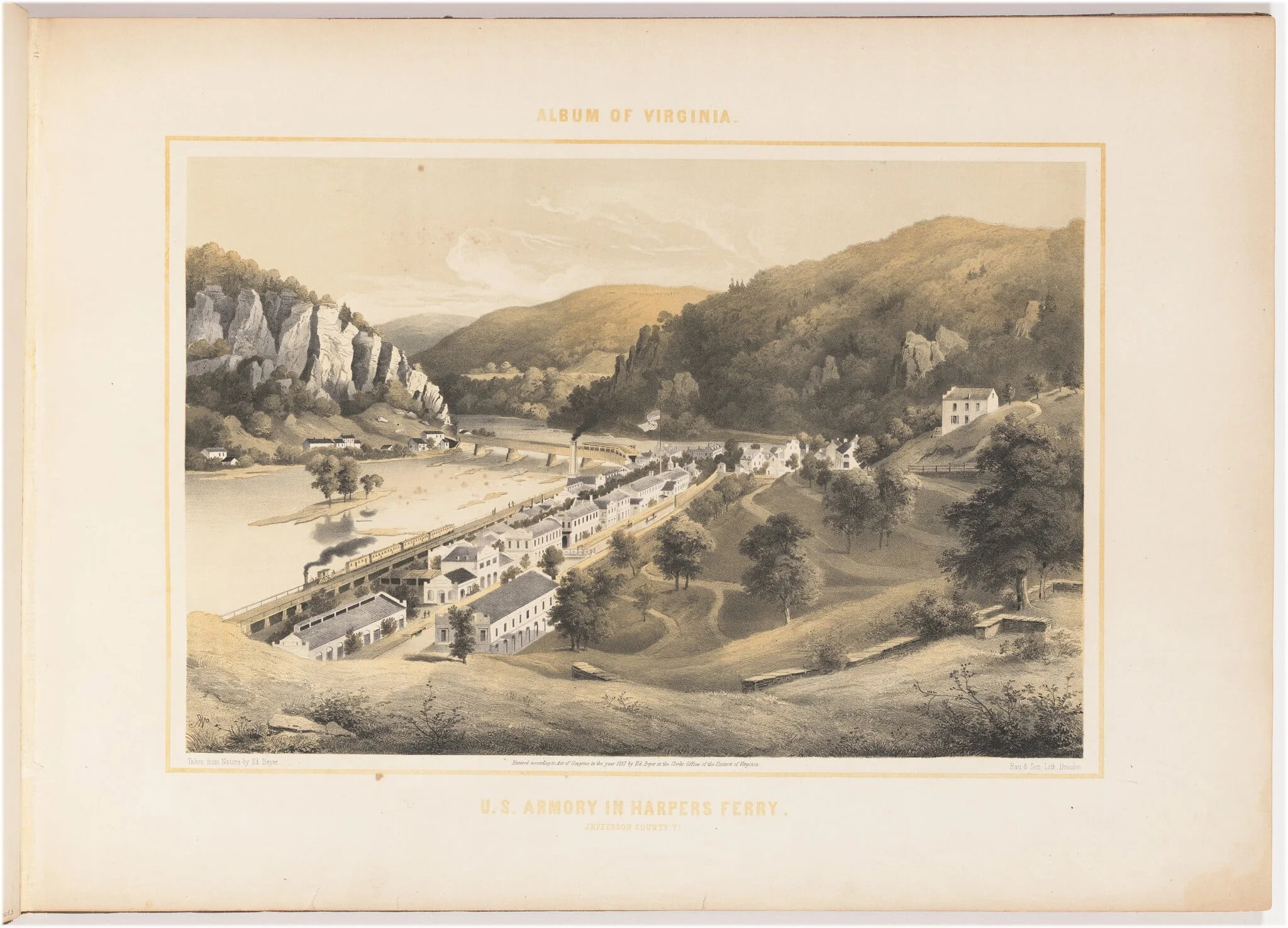 U.S. Armory in Harpers Ferry, by Woldemar Rau, ink, 1857