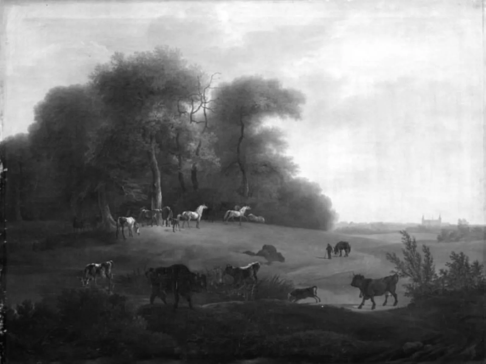 Keld Skov ved Frederiksborg med en del af det kongelige stutteri. I forgrunden schweizer- og tyrolerkvæg, by Unknown, 1750
