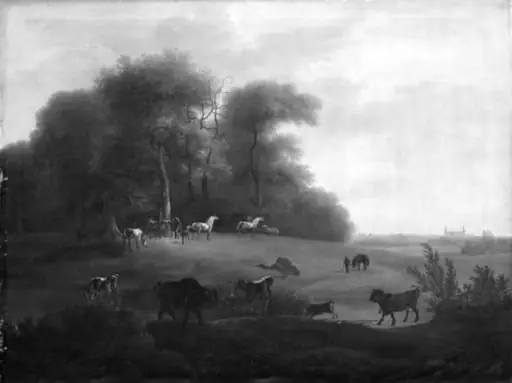 Keld Skov ved Frederiksborg med en del af det kongelige stutteri. I forgrunden schweizer- og tyrolerkvæg