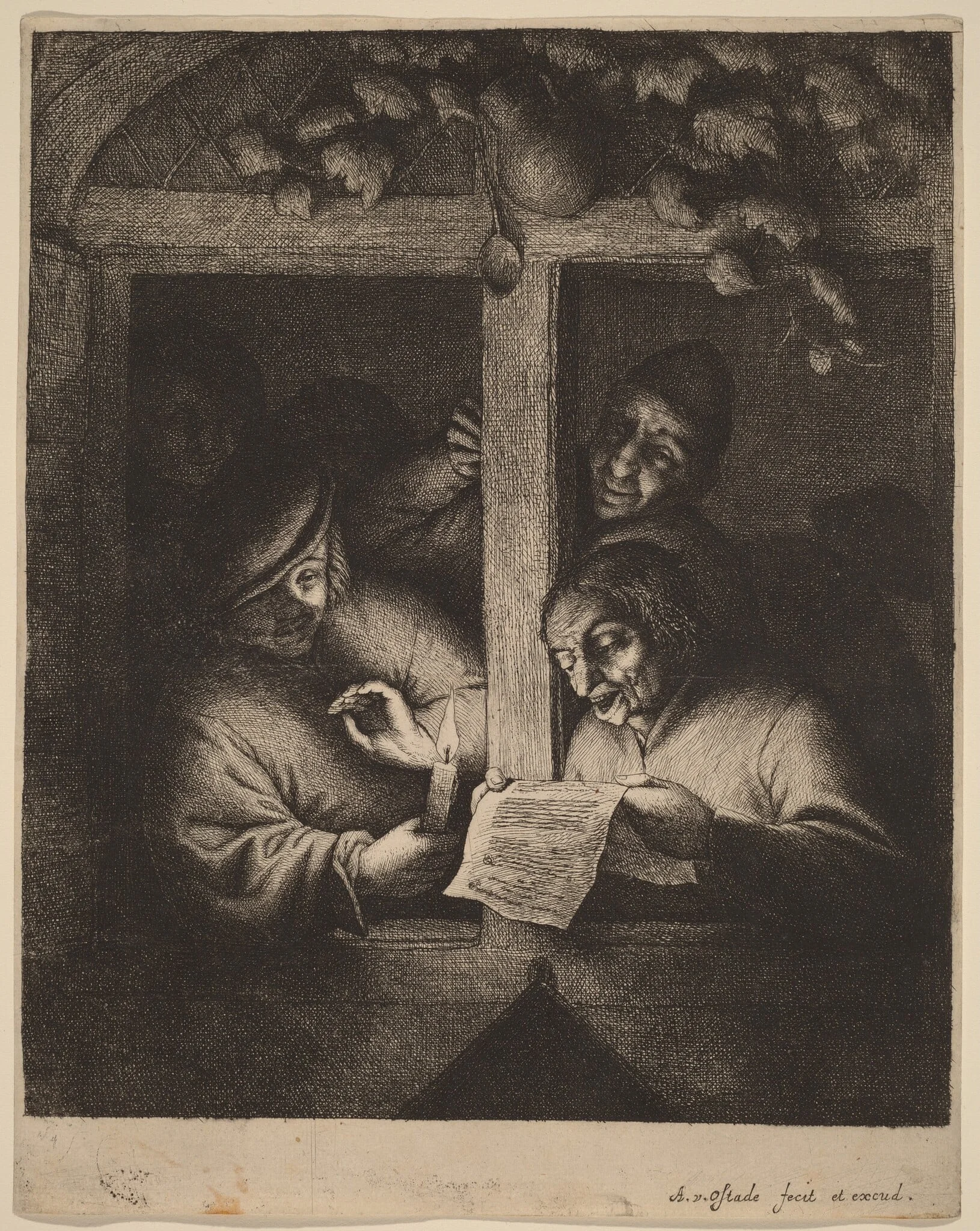 Four Men at a Window, One Reading from a Sheet by Candlelight, by Adriaen van Ostade, ink, 1653