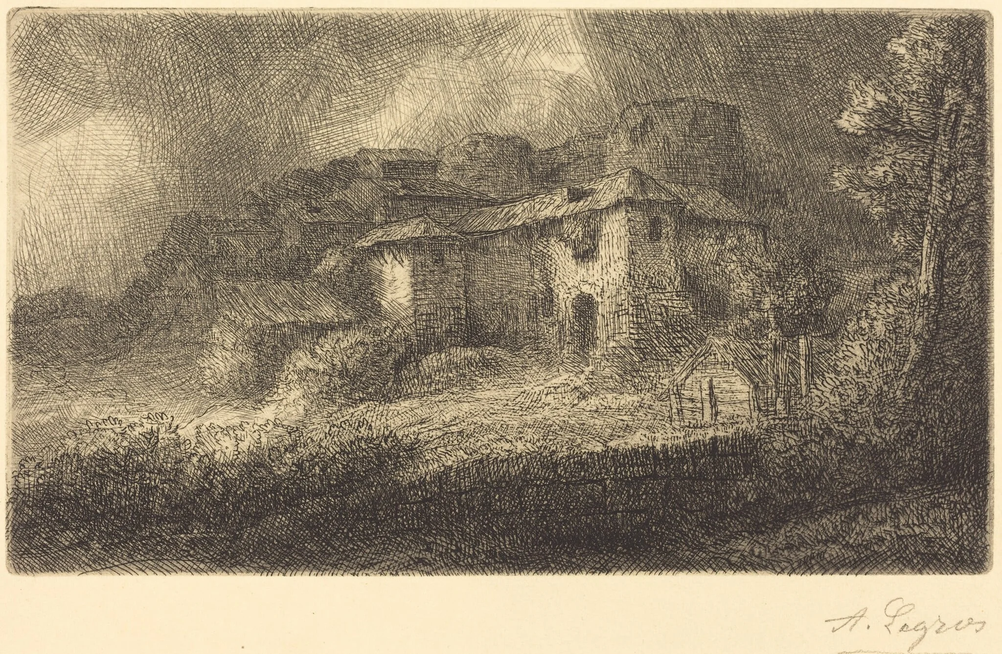 Ruins of a Chateau (Les ruines du chateau), by Alphonse Legros, ink, 1874