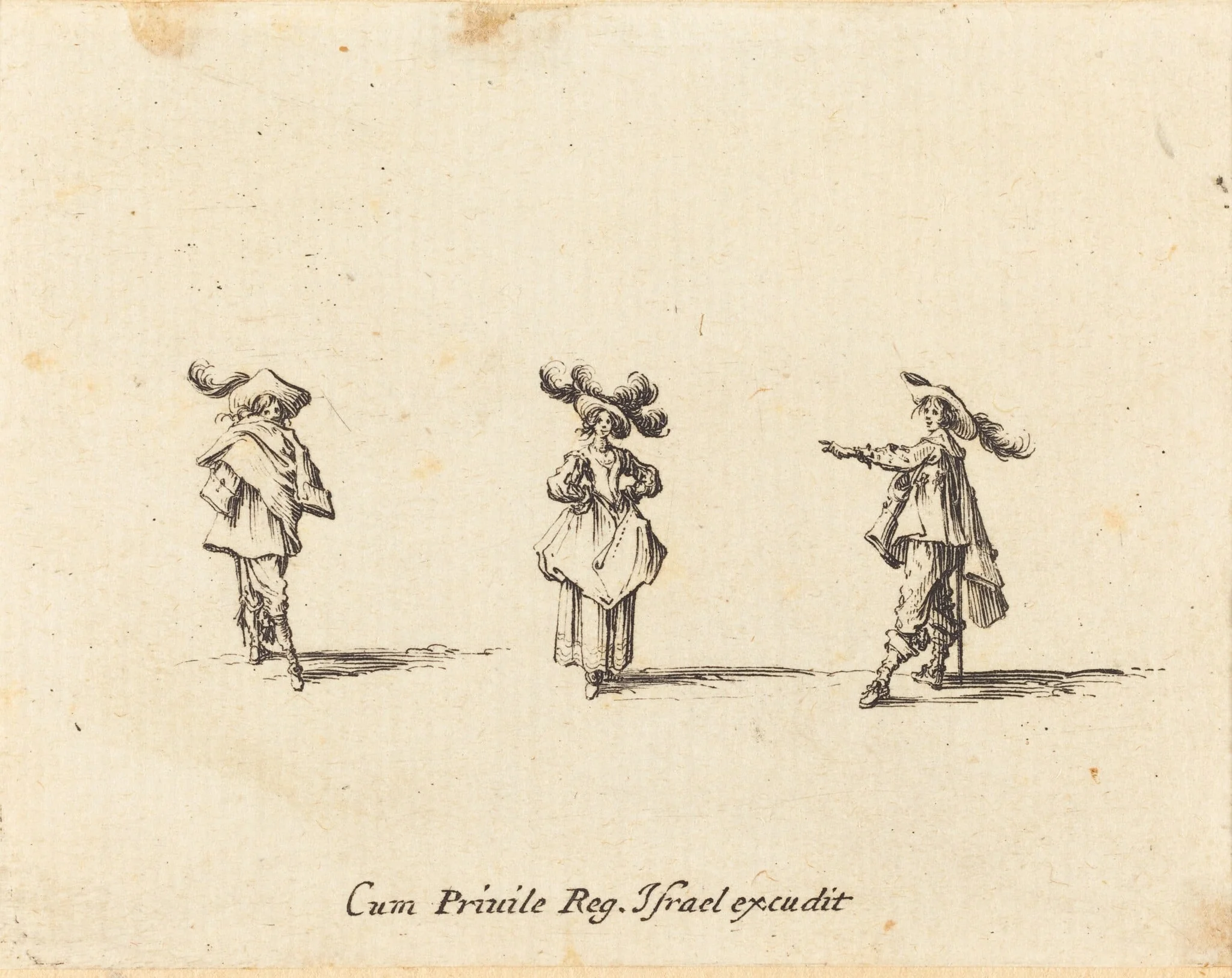 Lady with Large Plumes, and Two Gentlemen, by Jacques Callot, ink, 1634