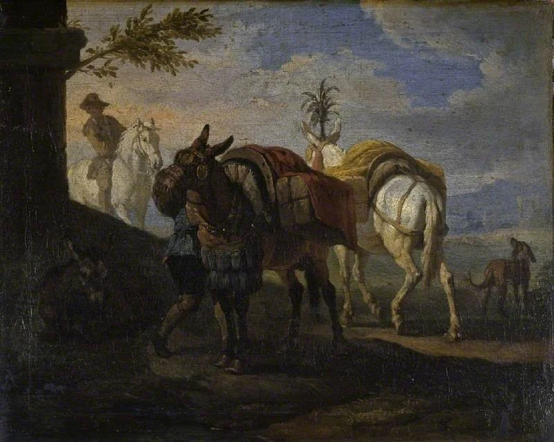 Mules halting by the wayside, by Pieter van Bloemen, oil, 1698