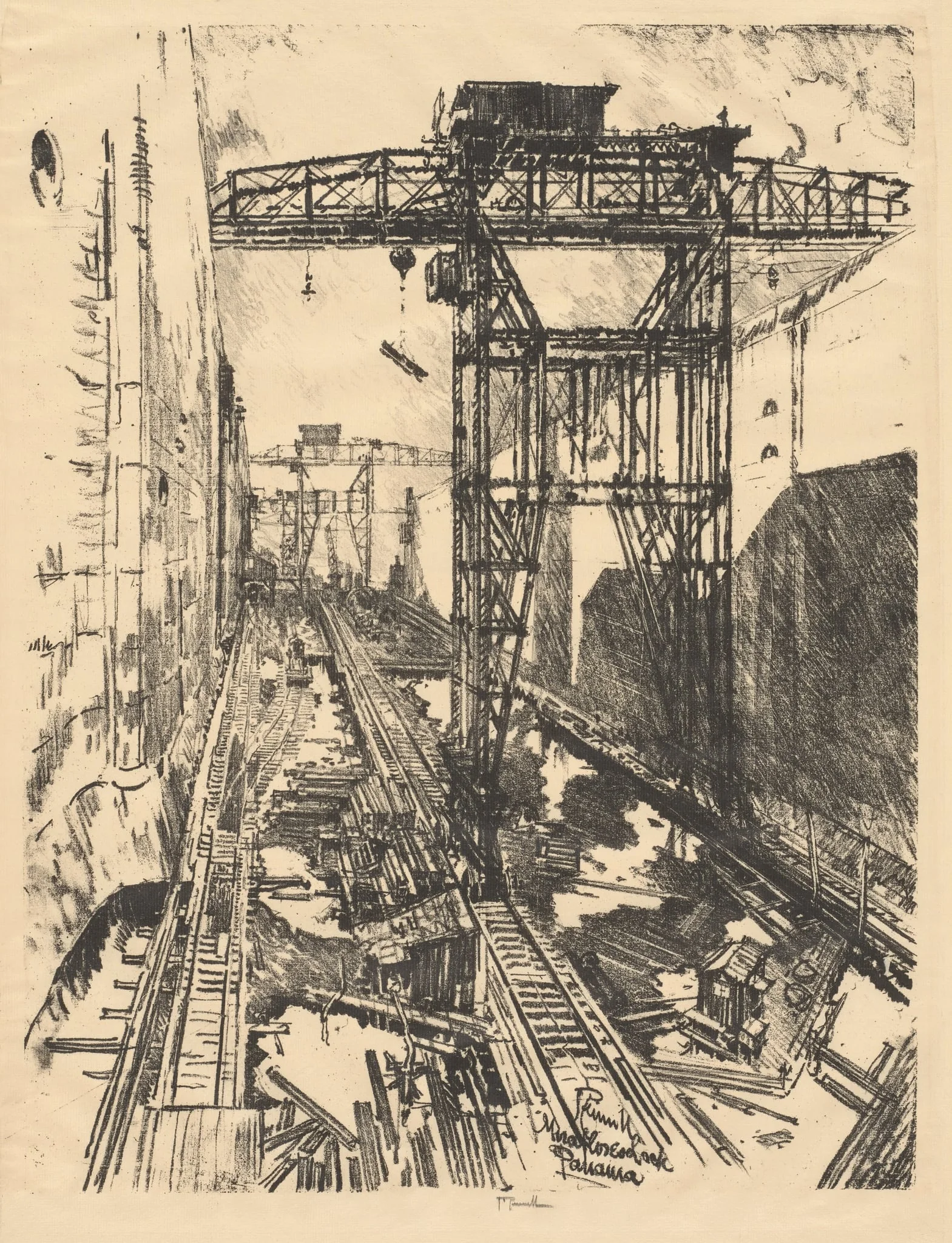 Cranes at Miraflores Lock, Panama, by Joseph Pennell, 1912