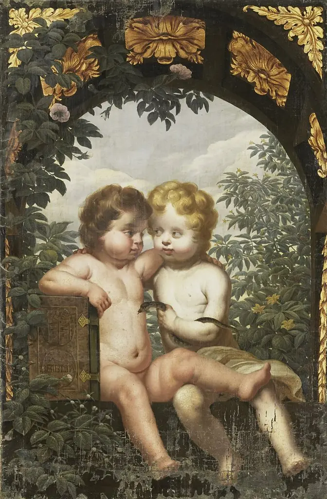 Christian Allegory with two Children with a Bible and Snake