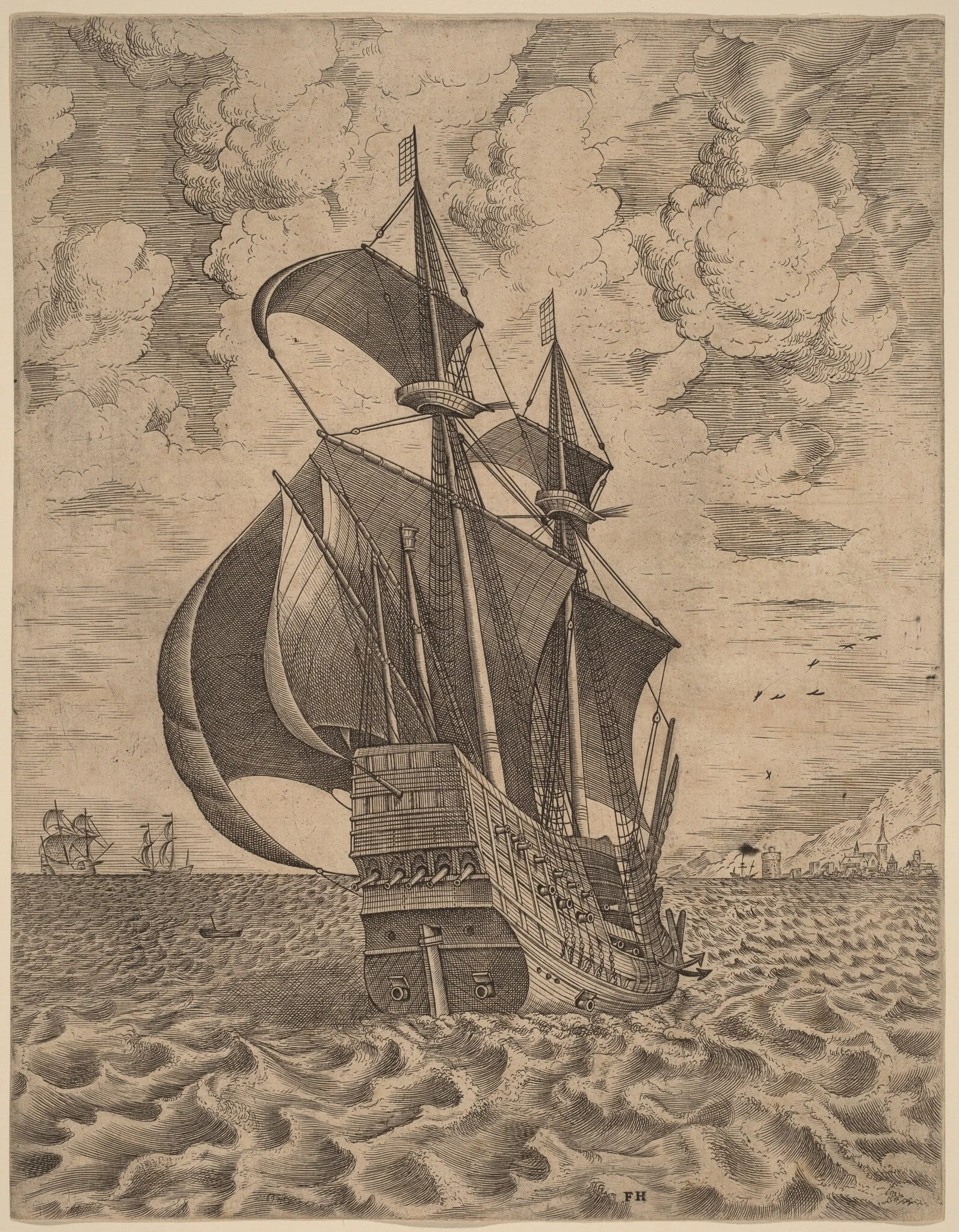 Armed Four-Master Sailing towards a Port, by Frans Huys, ink, 1565