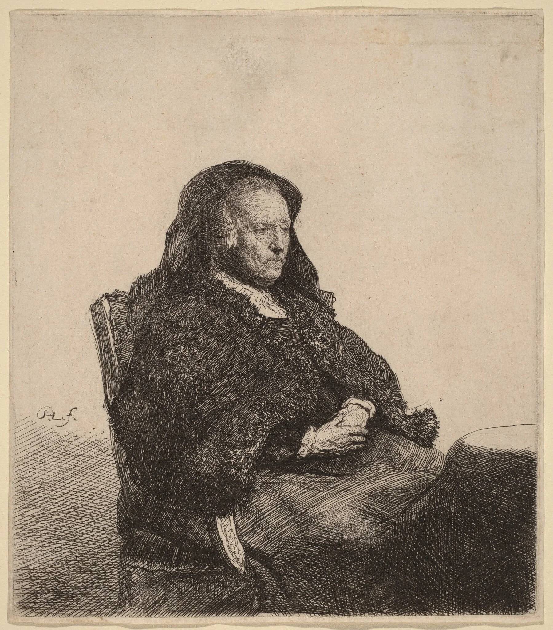 The Artist's Mother Seated at a Table, Looking Right, by Rembrandt, ink, 1631