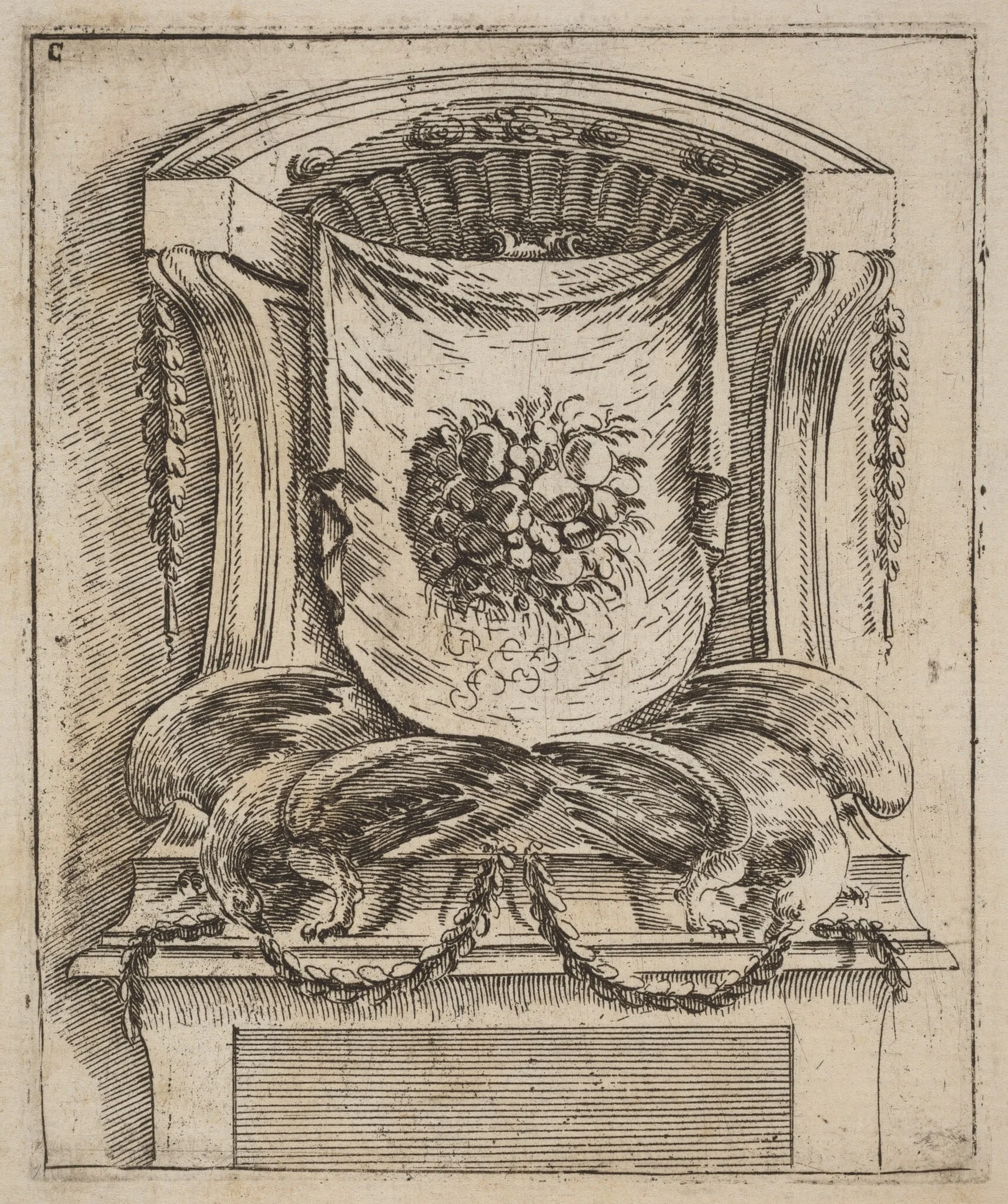 Architectural Motif with a Drape with Fruit, by Carlo Antonio Buffagnotti, ink, 1690