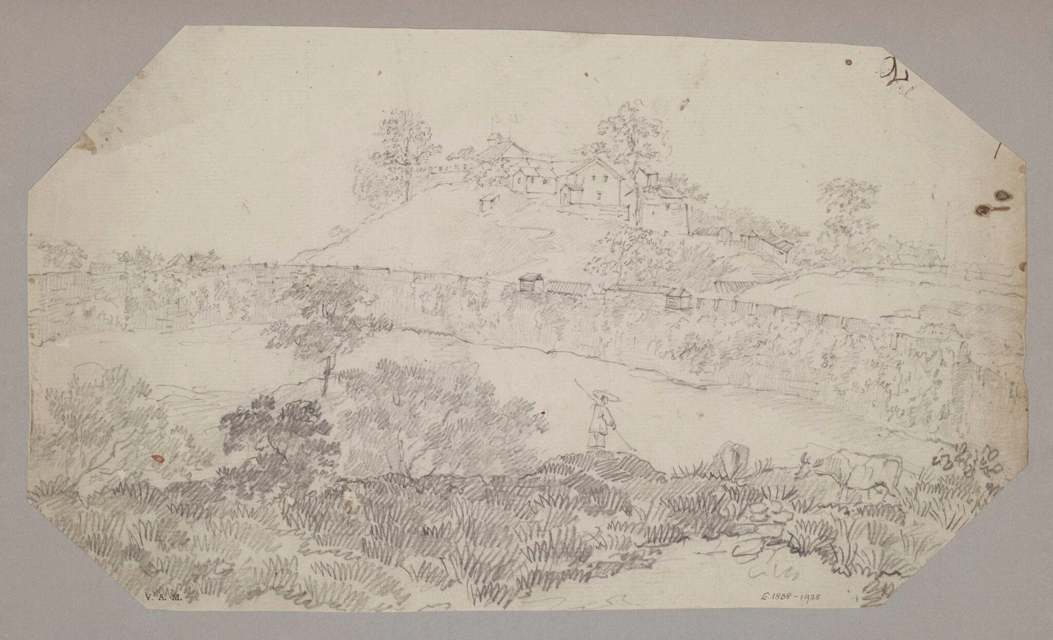 Landscape with a fortified wall and a hilltop village, by Unknown, 1850