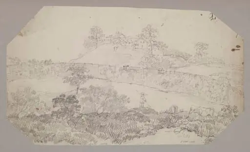 Landscape with a fortified wall and a hilltop village