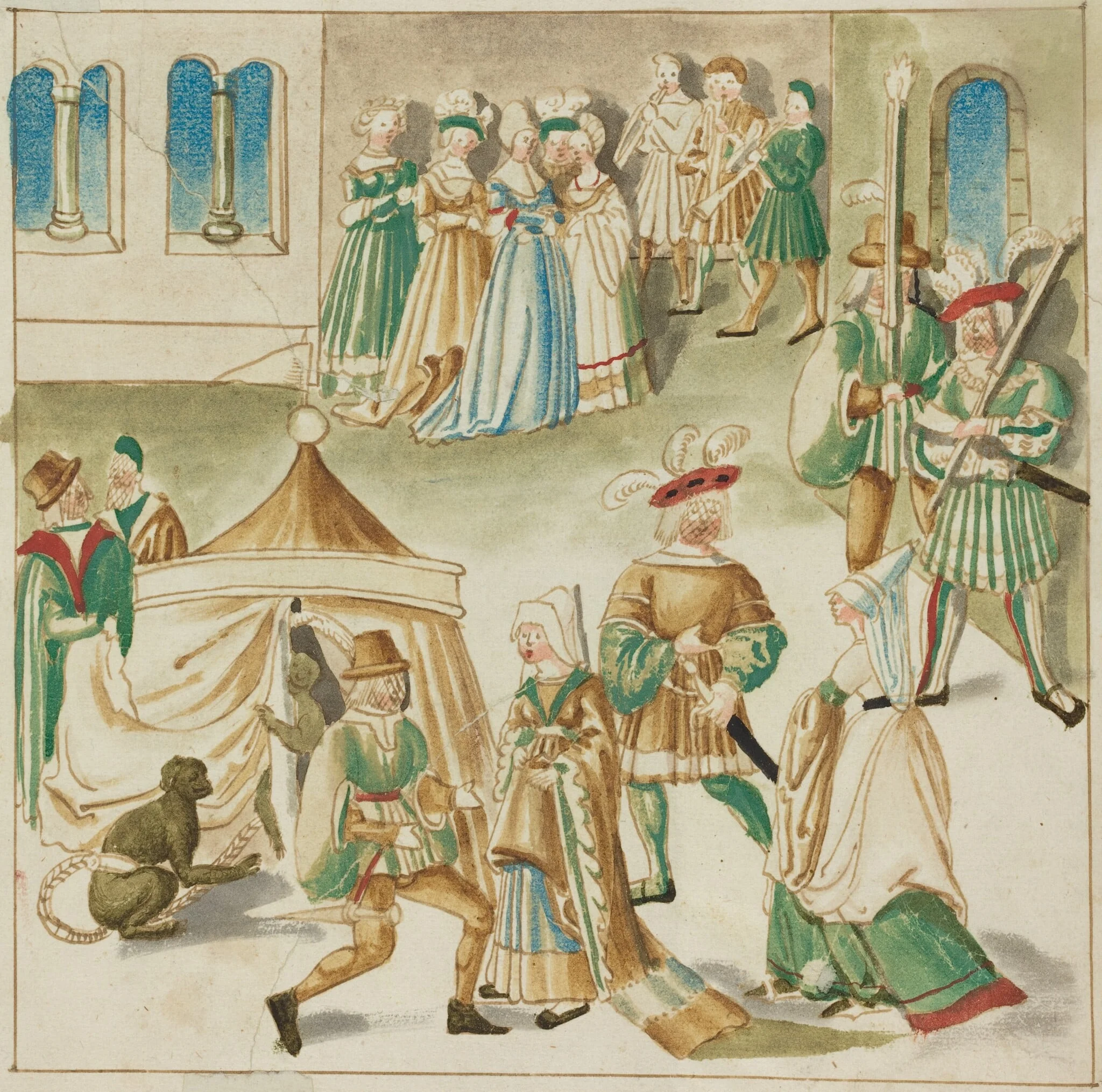 Court Amusements with Two Monkeys, by German 16th Century, ink, 1514