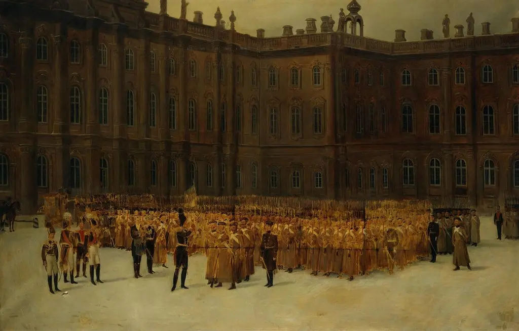 Nicholas I before the Unit Formation of the Life-Guards Field Engineer Battalion in the Court of the Winter Palace on 14 December 1825