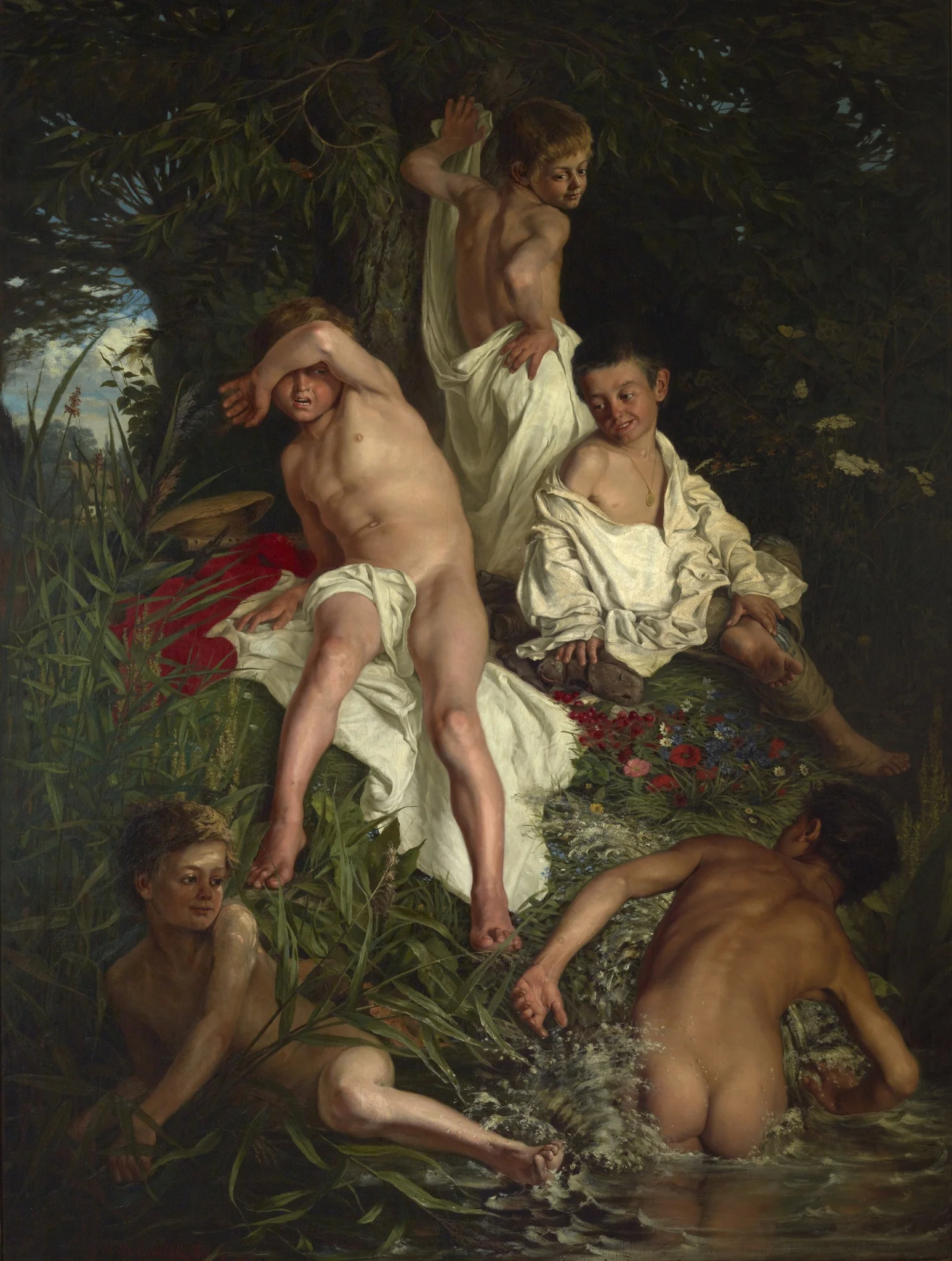 Boys Bathing, by Kazimierz Pochwalski, oil, 1889