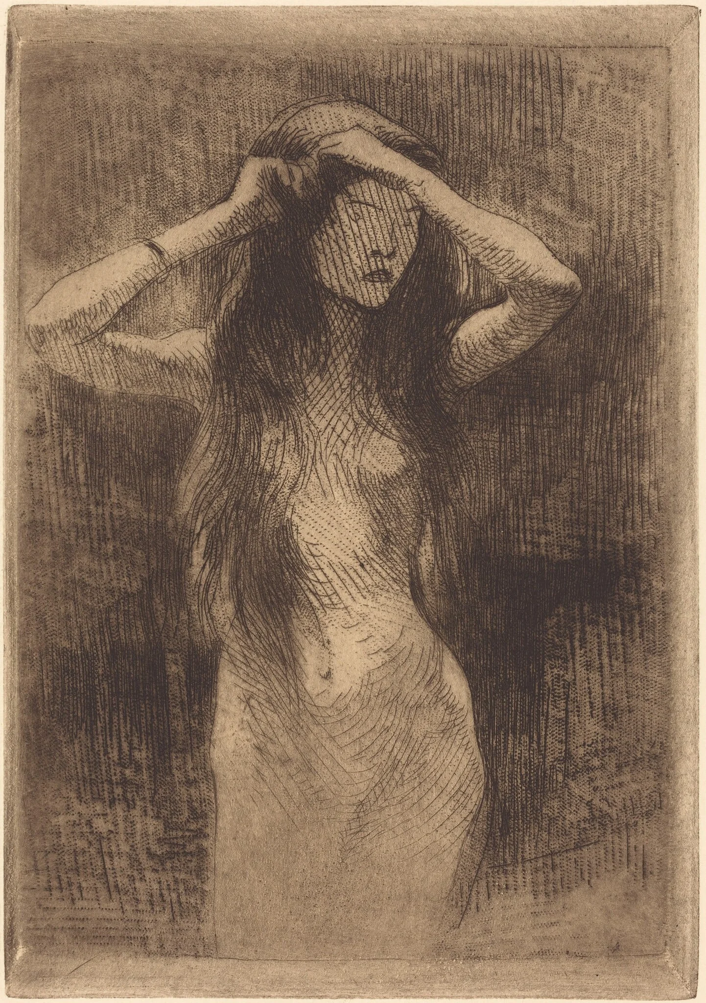 Nude Girl Combing Her Hair, by Paul-Albert Besnard, ink, 1887